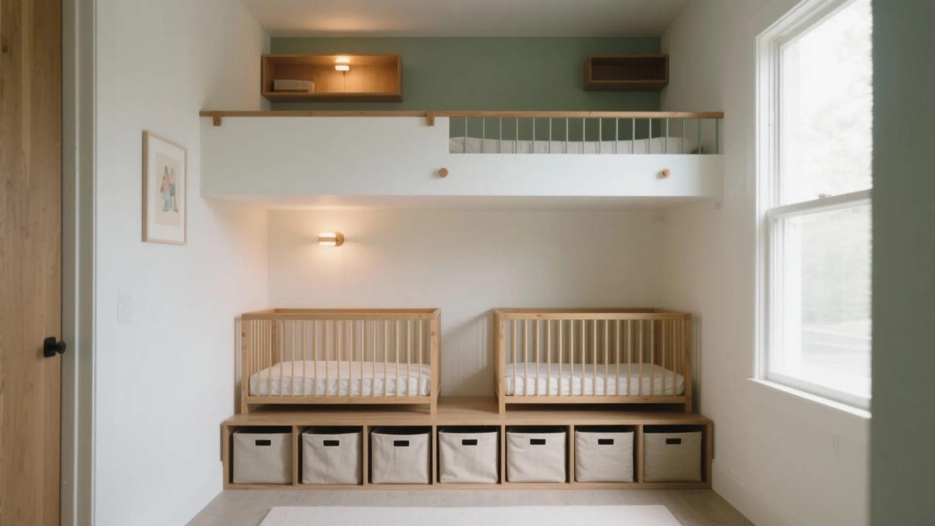 Two wooden baby cribs on storage boxes under white loft bed with green wall, window
