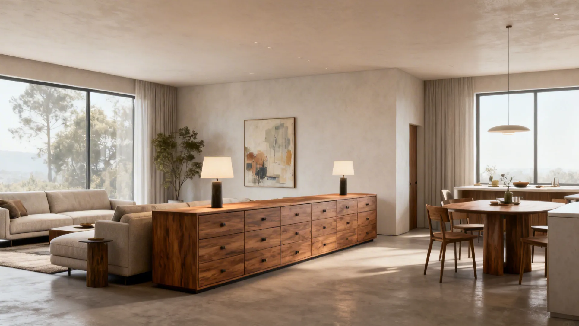 Low long chest of drawers used to subtly divide an open-plan living and dining area.
