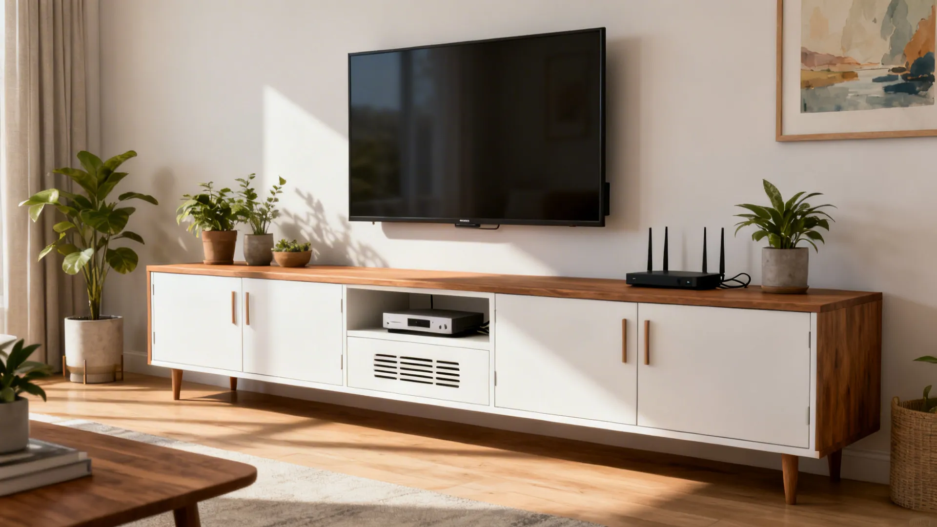 Long low media sideboard with hidden storage under wall-mounted TV in a bright small living room.