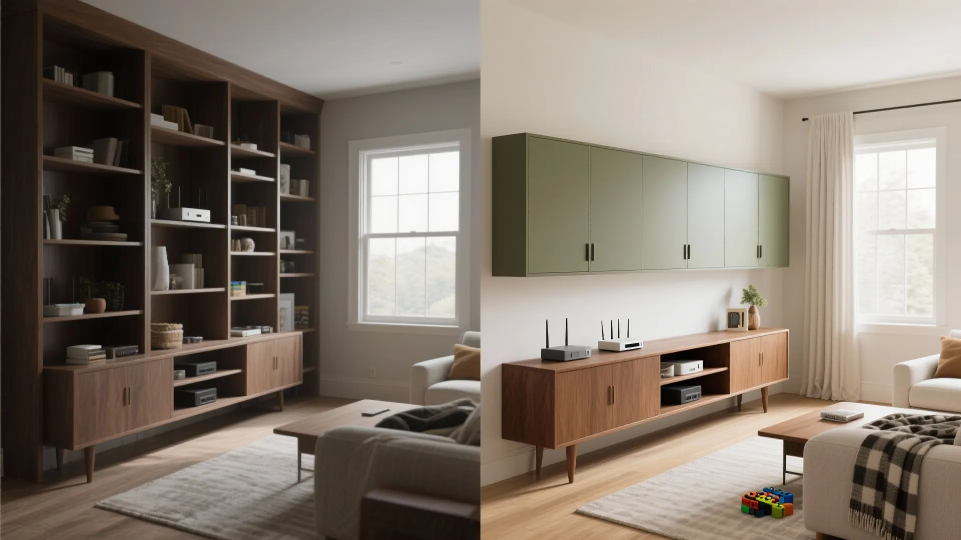 Comparison showing a tall wooden bookshelf versus a low cabinet with green wall mounted storage
