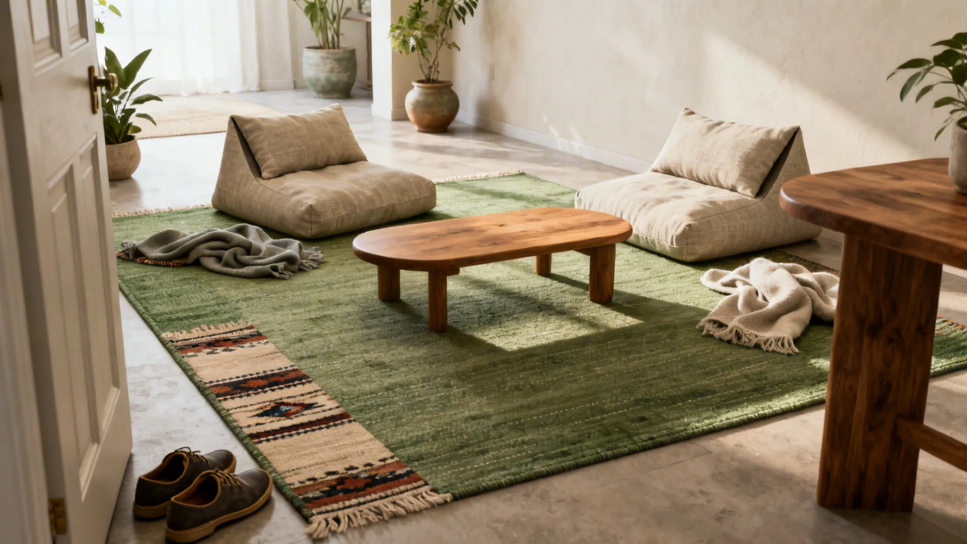 Low lounge with layered rugs, linen floor cushions, wedge backs, and a low wood table in soft daylight.