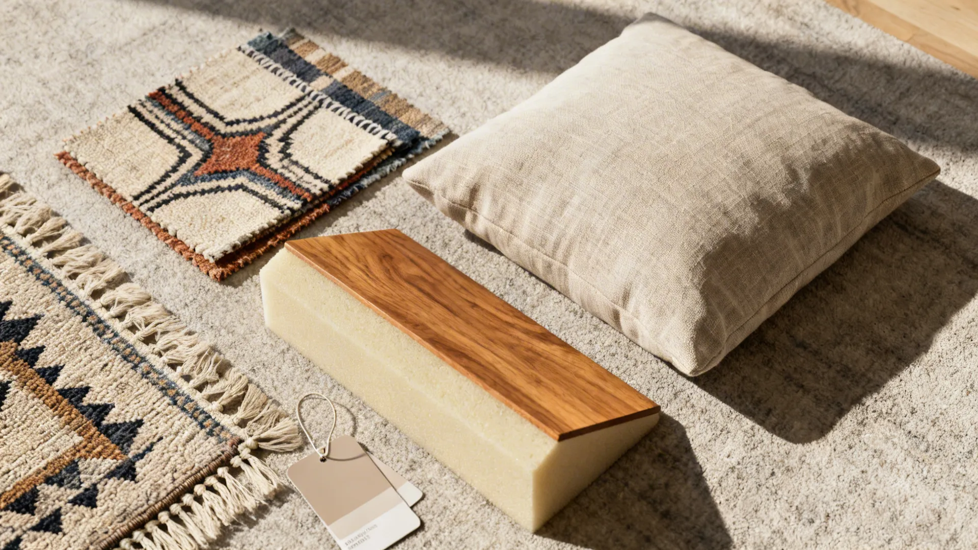 Flat lay of kilim and flatweave rug swatches, linen fabrics, foam wedge, oak finish, and neutral paint chips.