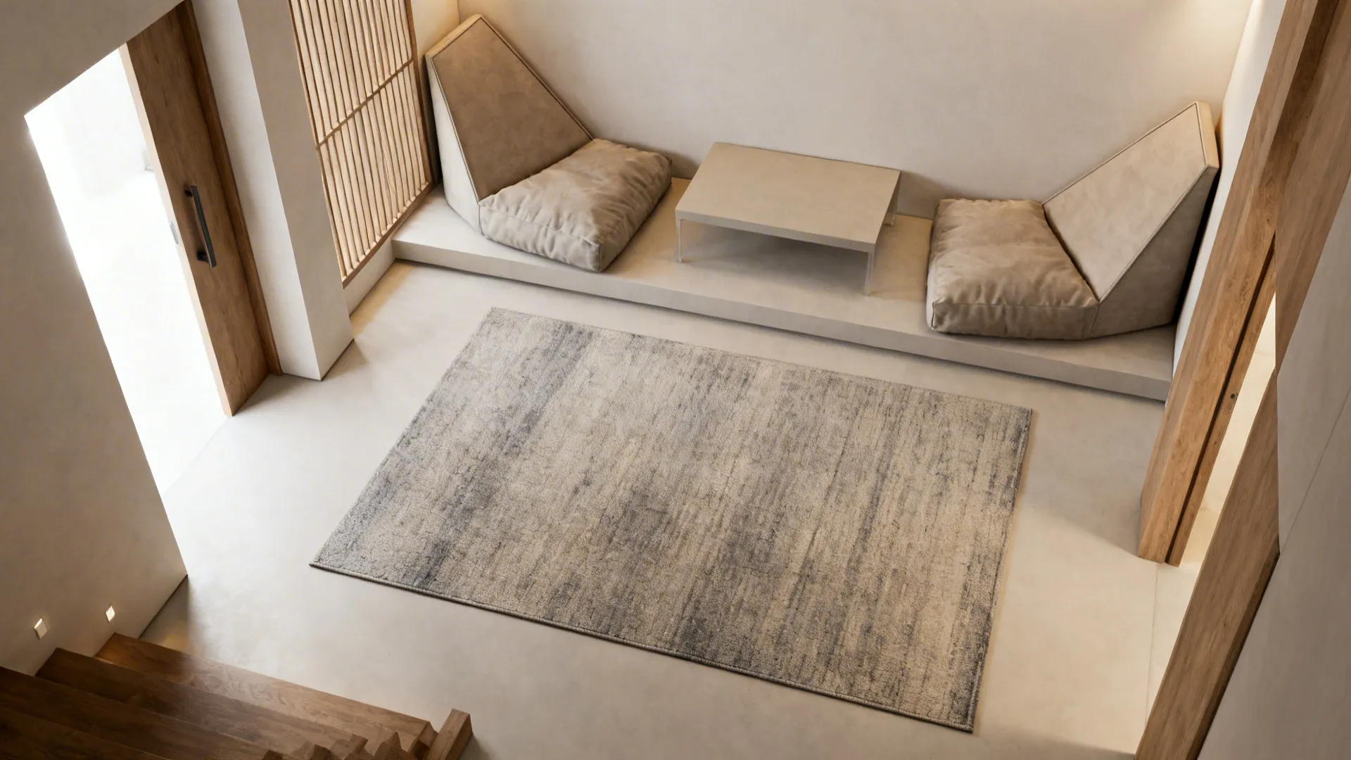 Top-down layout showing rug, floor cushions, wedge backs, low table, and clear circulation.