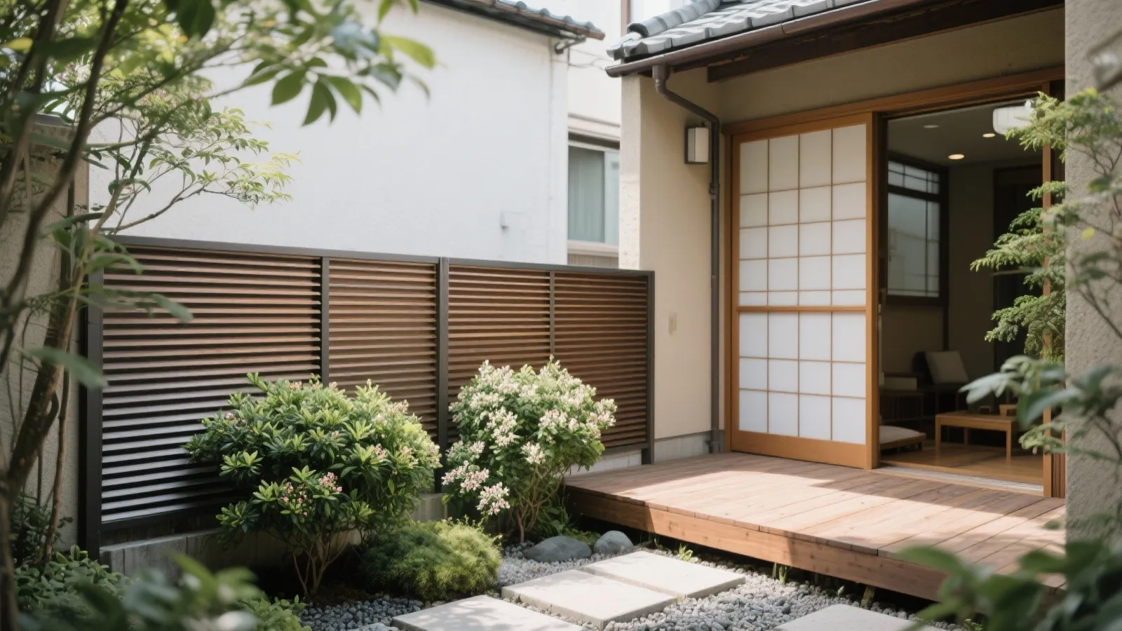 Tips 1: 低いルーバー＋グリーンで“抜け”を残す目隠し（東京の小さな住まい）