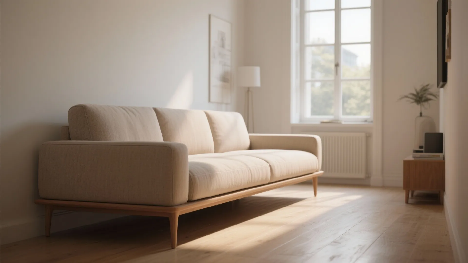 Modern beige sofa in bright living room with wood floor floor lamp and large window