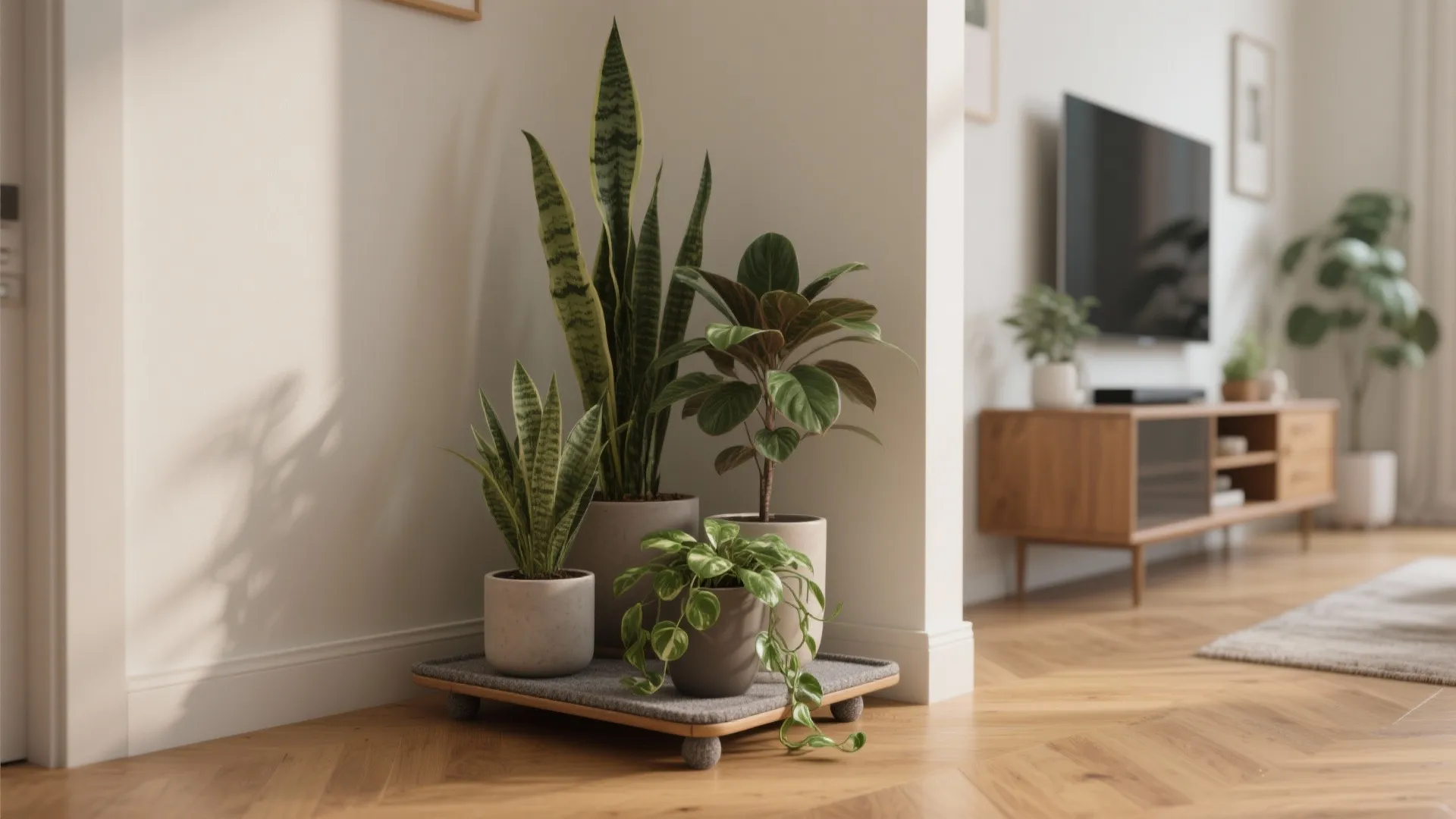 Indoor green potted plants sitting on a small grey stand in a modern bright living room