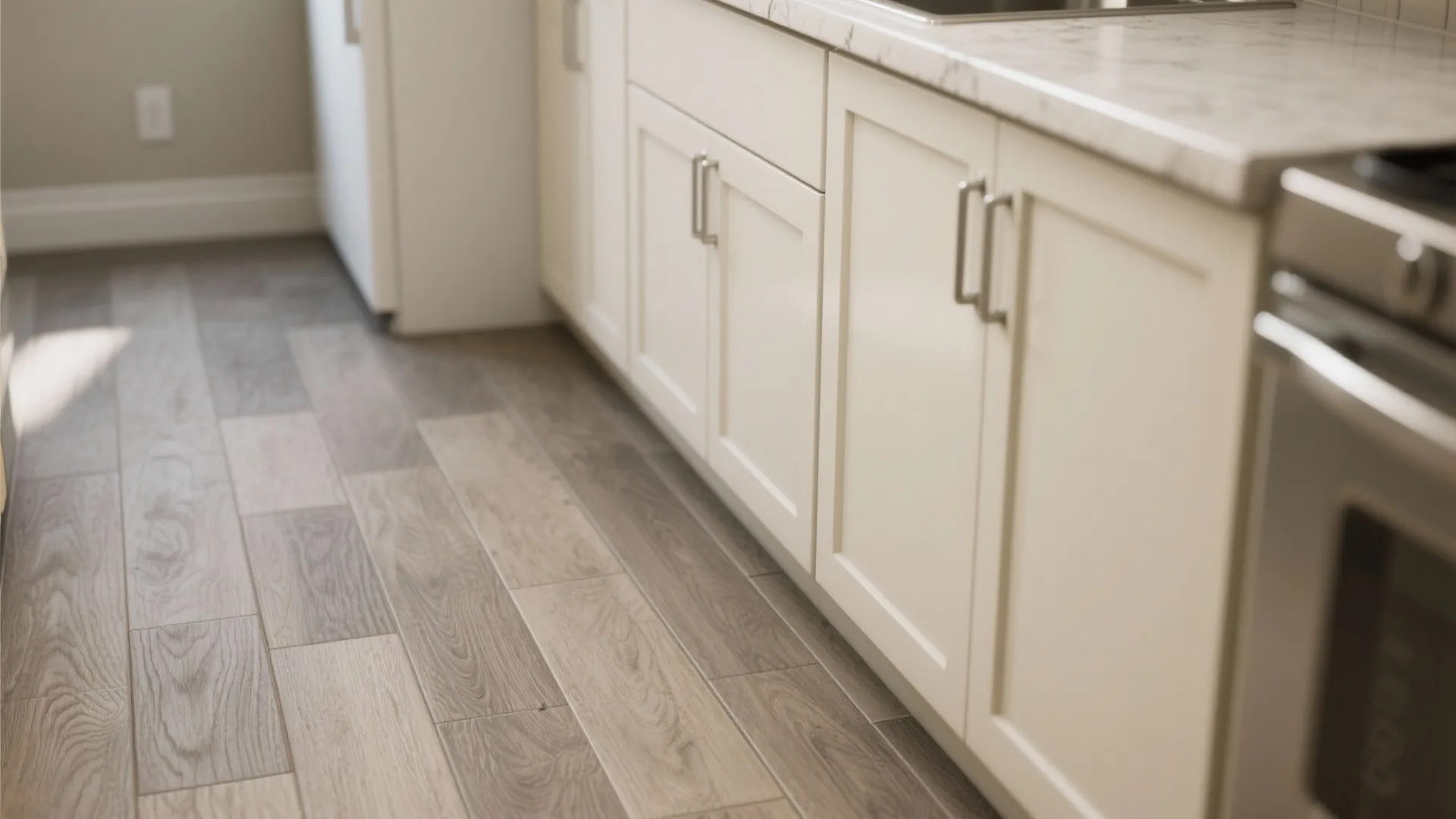 Close up of cream kitchen cabinet doors with metal handles and wood look floor tile design