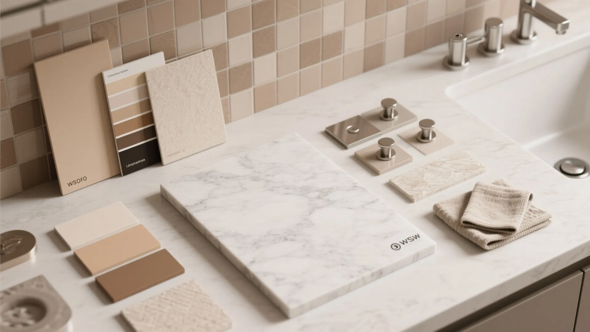 Kitchen countertop with marble slab and color samples for home interior design project material selection