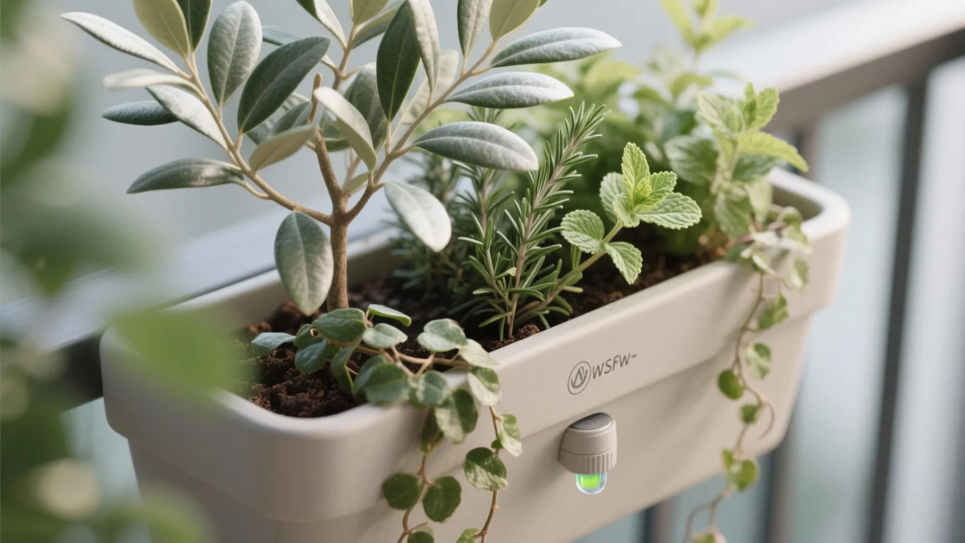 Close-up of dwarf olive leaves, trailing ivy, and rosemary in a self-watering balcony planter.
