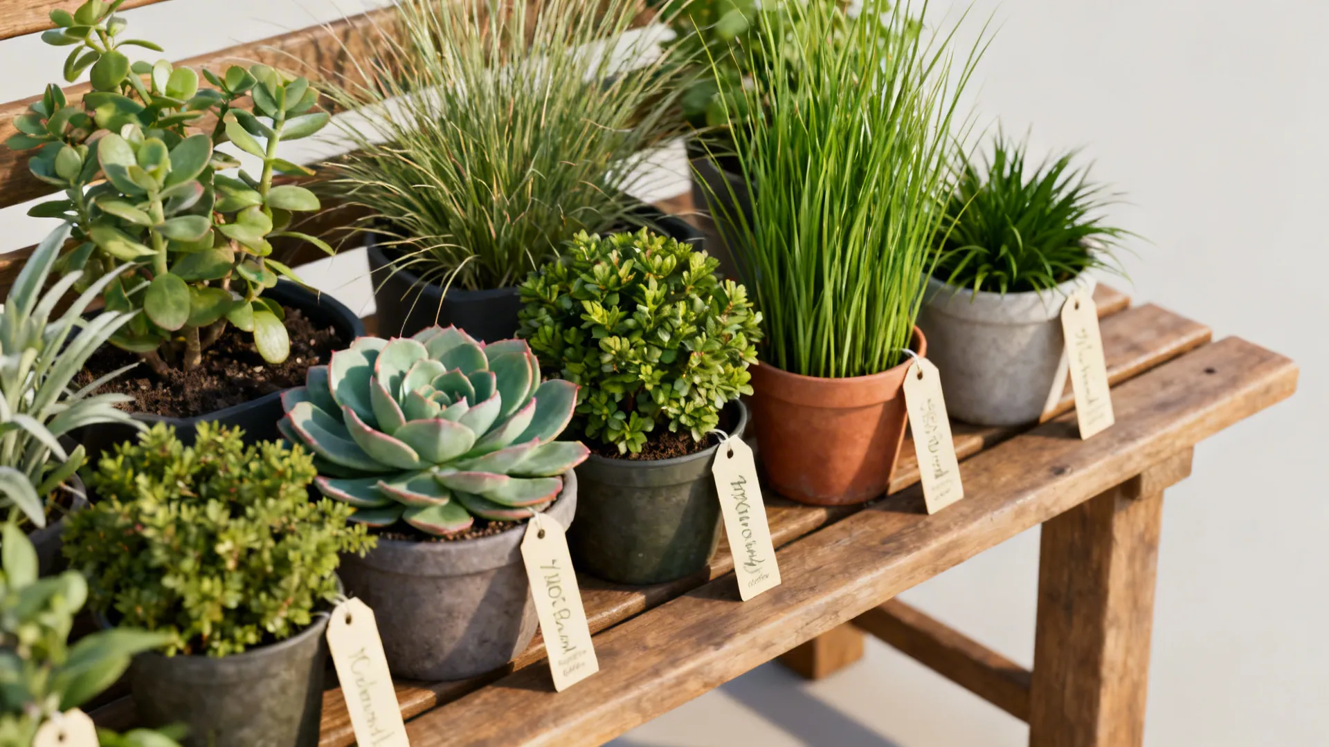 Selection of low-maintenance plants suitable for small yards including succulents and grasses.