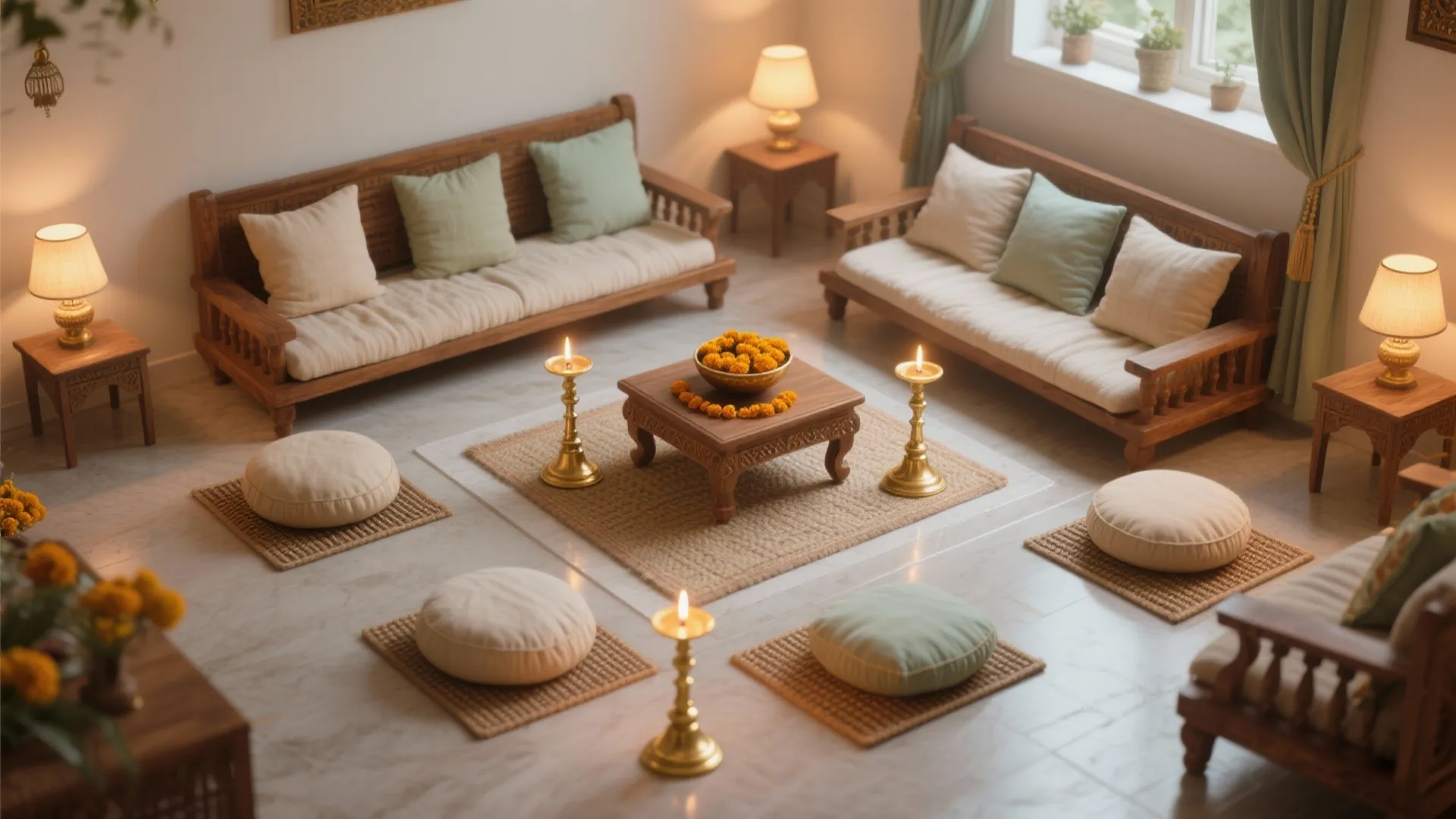 Low pooja mandap with wood and brass accents
