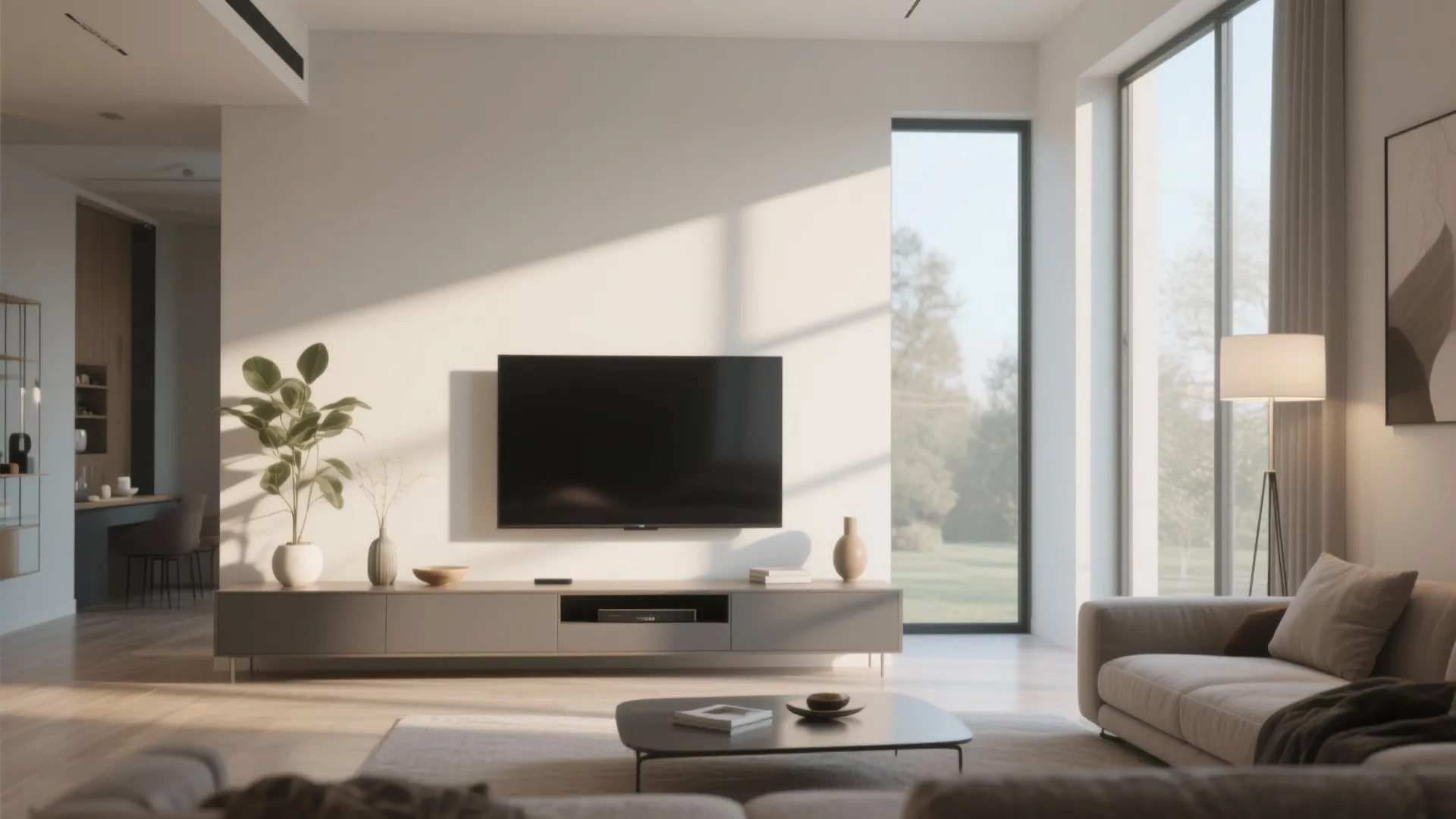 Modern living room with wall mounted television on a low cabinet beside large floor windows