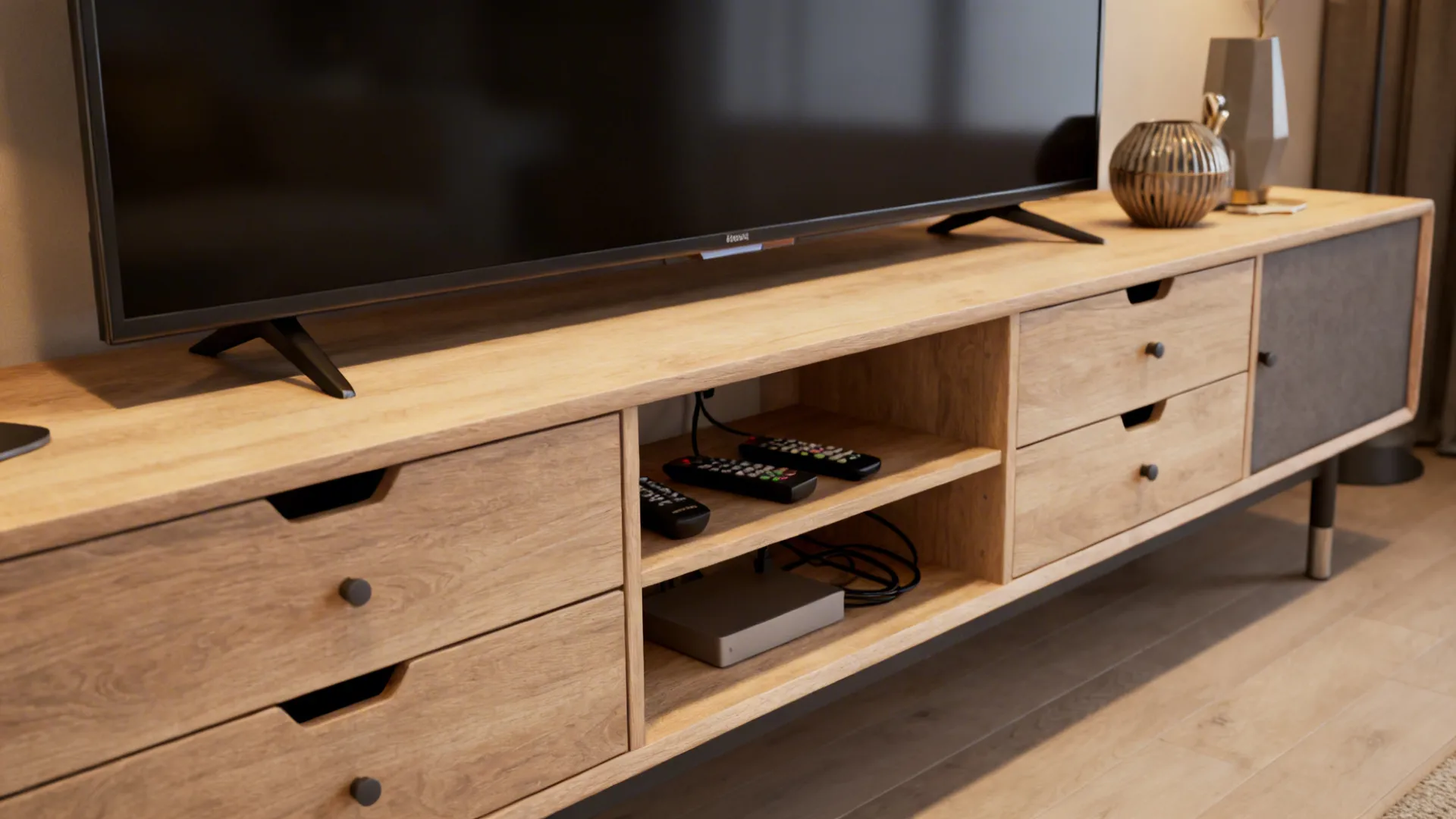 Long low media console with drawers and open shelves under a large TV, showing hidden cables and decor.