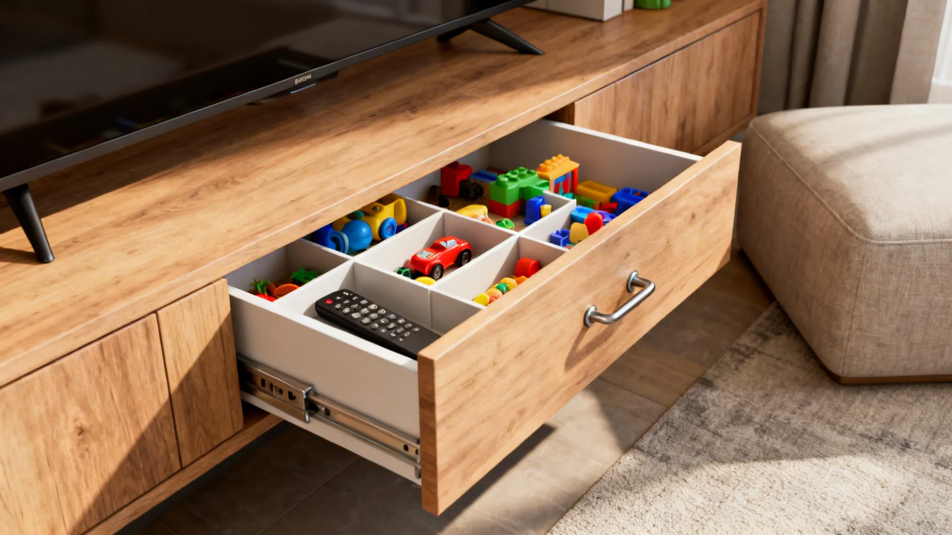 Low-profile media console with shallow drawers organized for toys and remotes