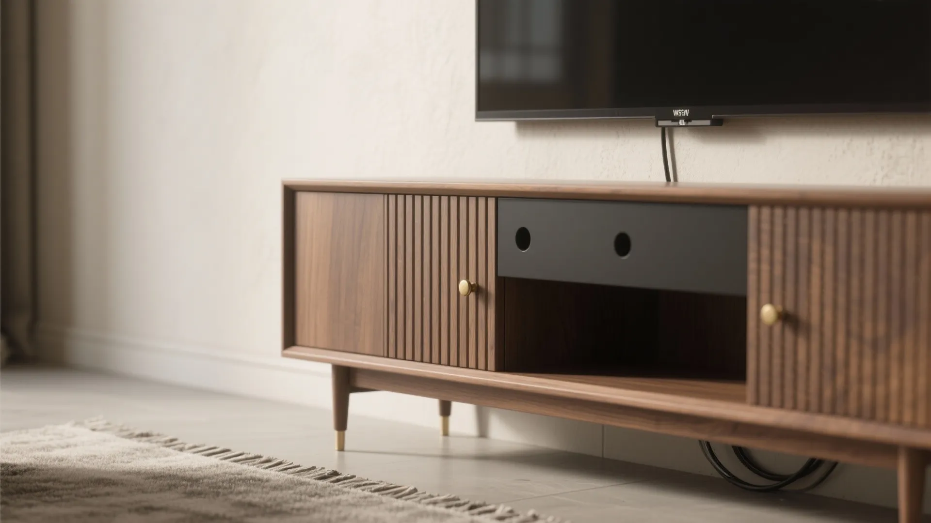 Close up of a wooden cabinet with vertical lines and gold handles under a television screen