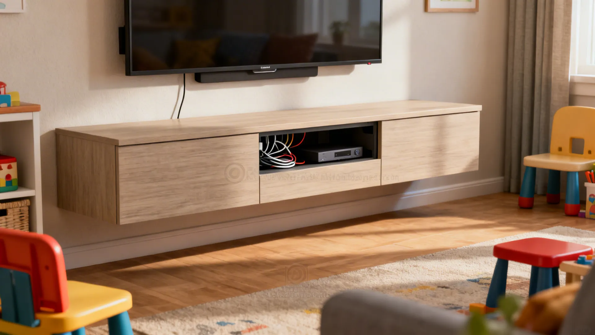 Low media unit with hidden cable channels under a wall-mounted TV in a family living room
