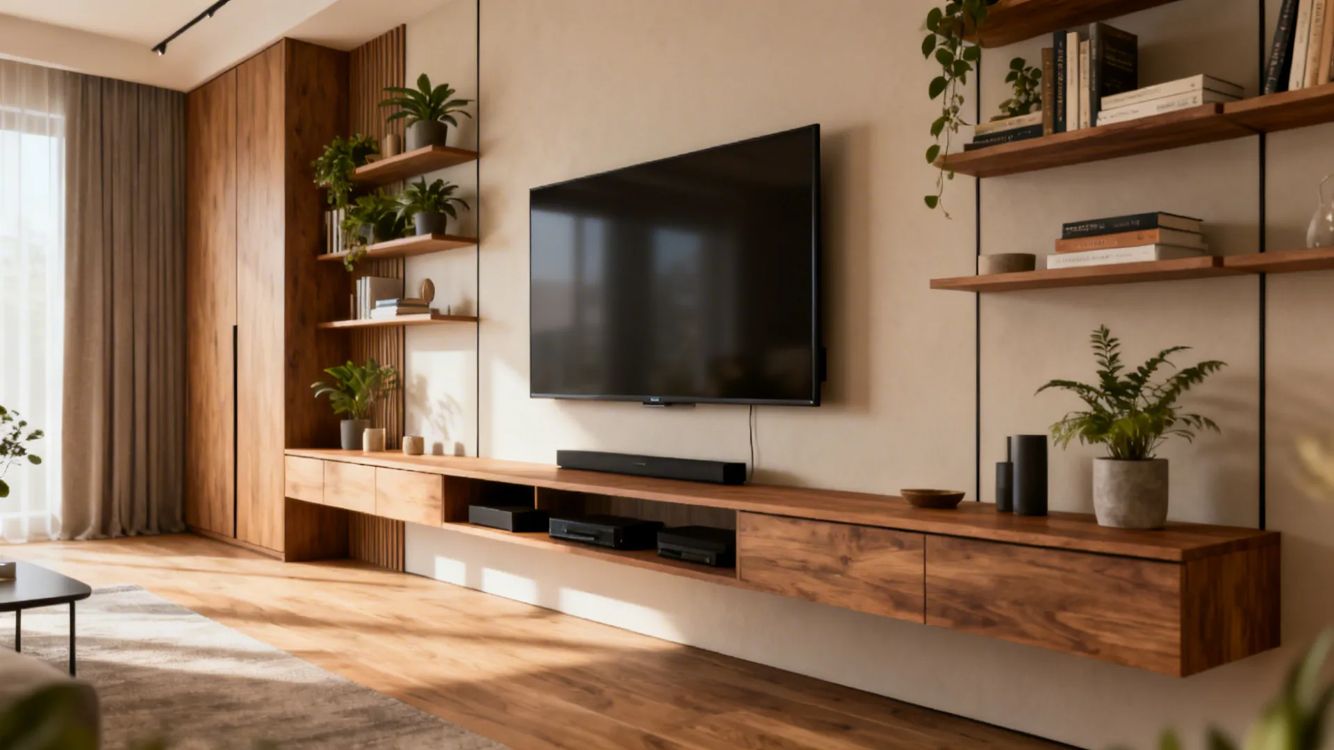 Long low media console with floating shelves and mounted TV to visually widen the room