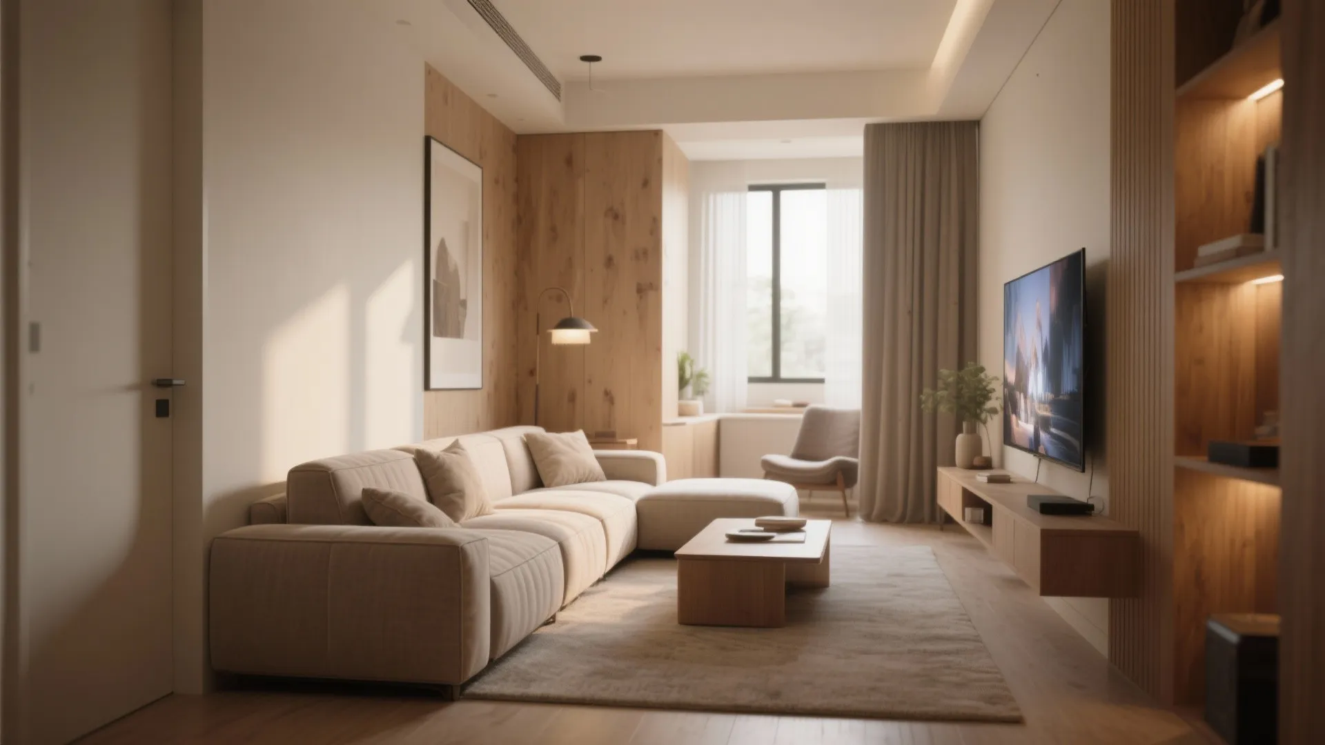 Minimalist living room with low modular beige sofa, wooden coffee table, rug, and wall television