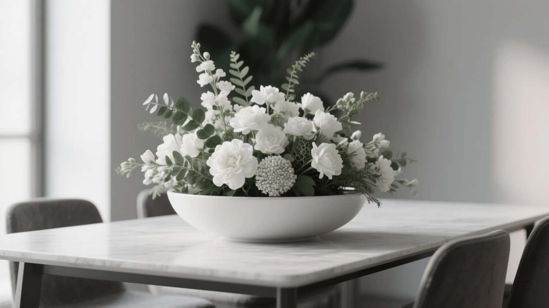 Low monochrome floral arrangement in a shallow white bowl on a narrow dining table.