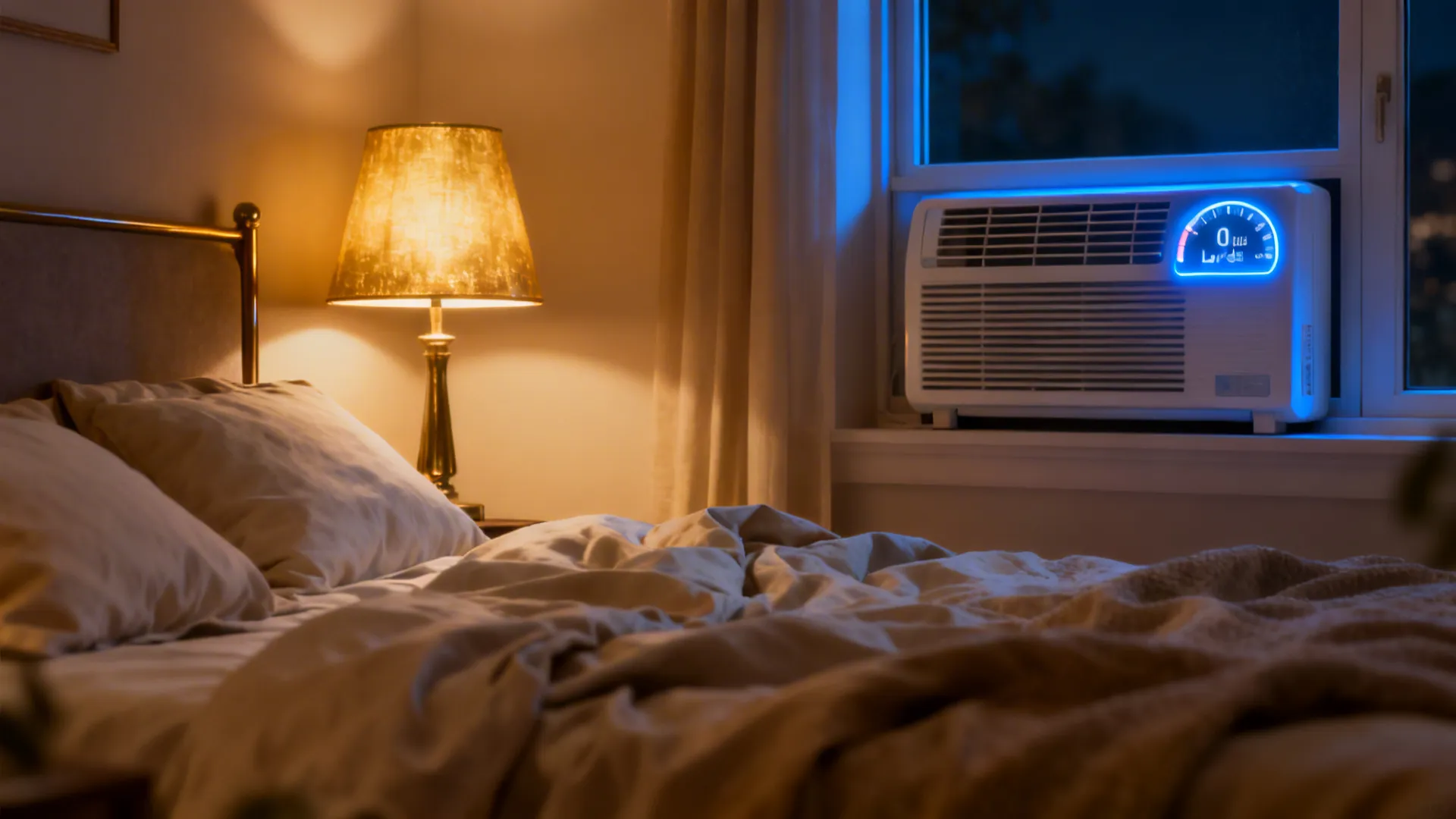 Nighttime bedroom with a quiet window AC visible, creating a restful low-noise atmosphere.