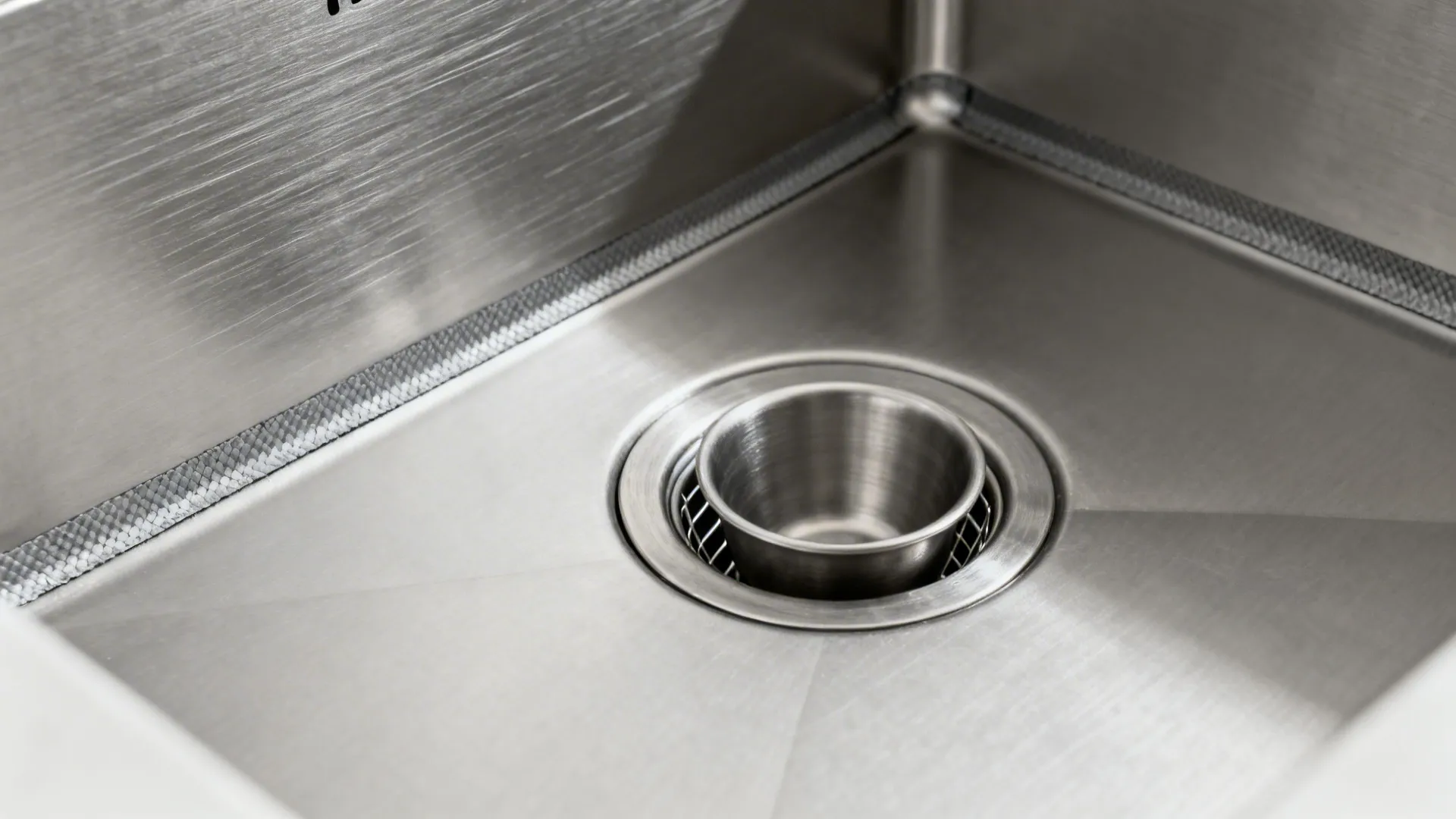 Macro of thick stainless sink with undercoating, sound pad, rounded corner, and deep basket strainer.