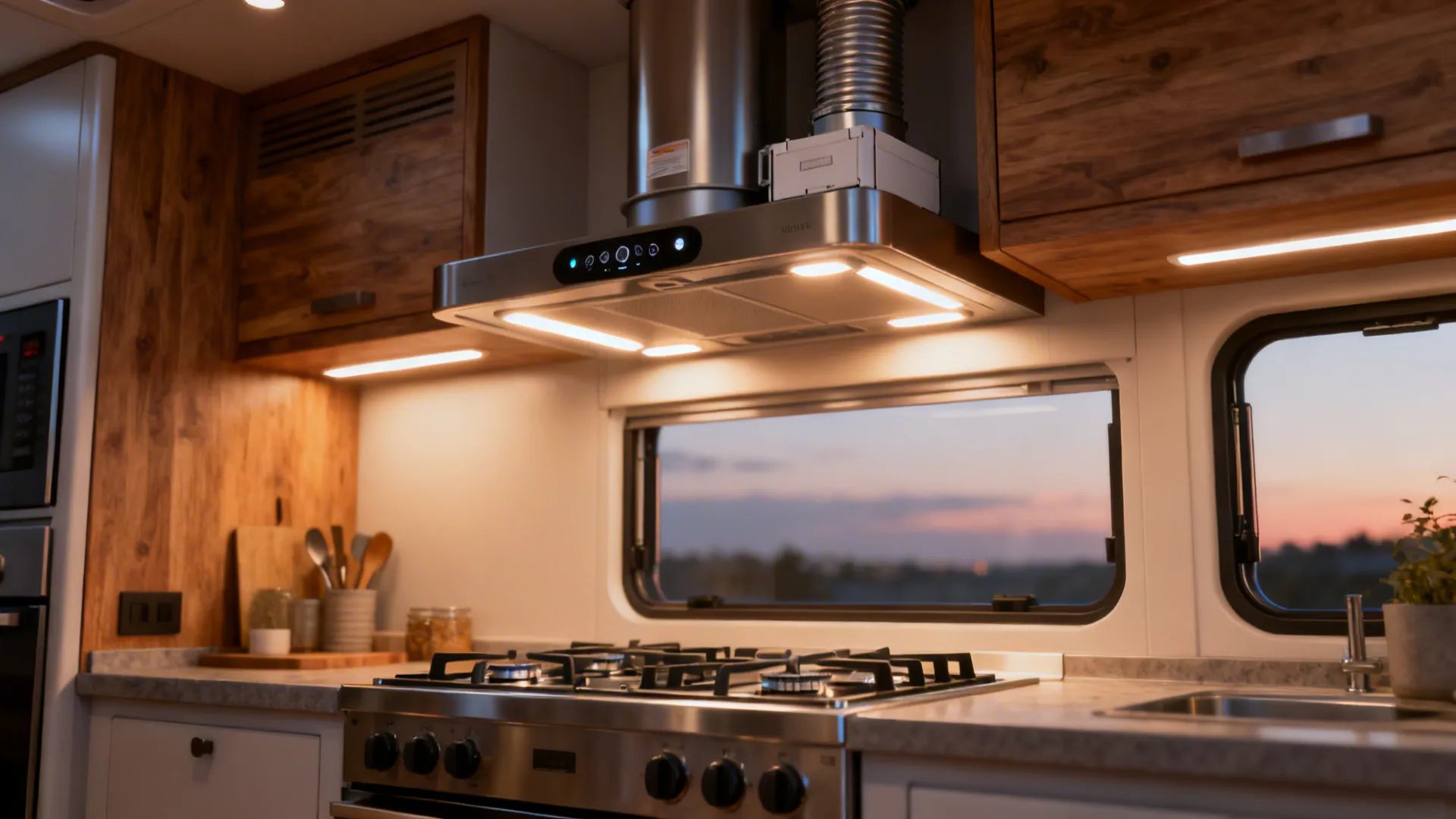 Compact kitchen with a quiet chimney, motion sensor controls, and warm LED task lighting over the hob.