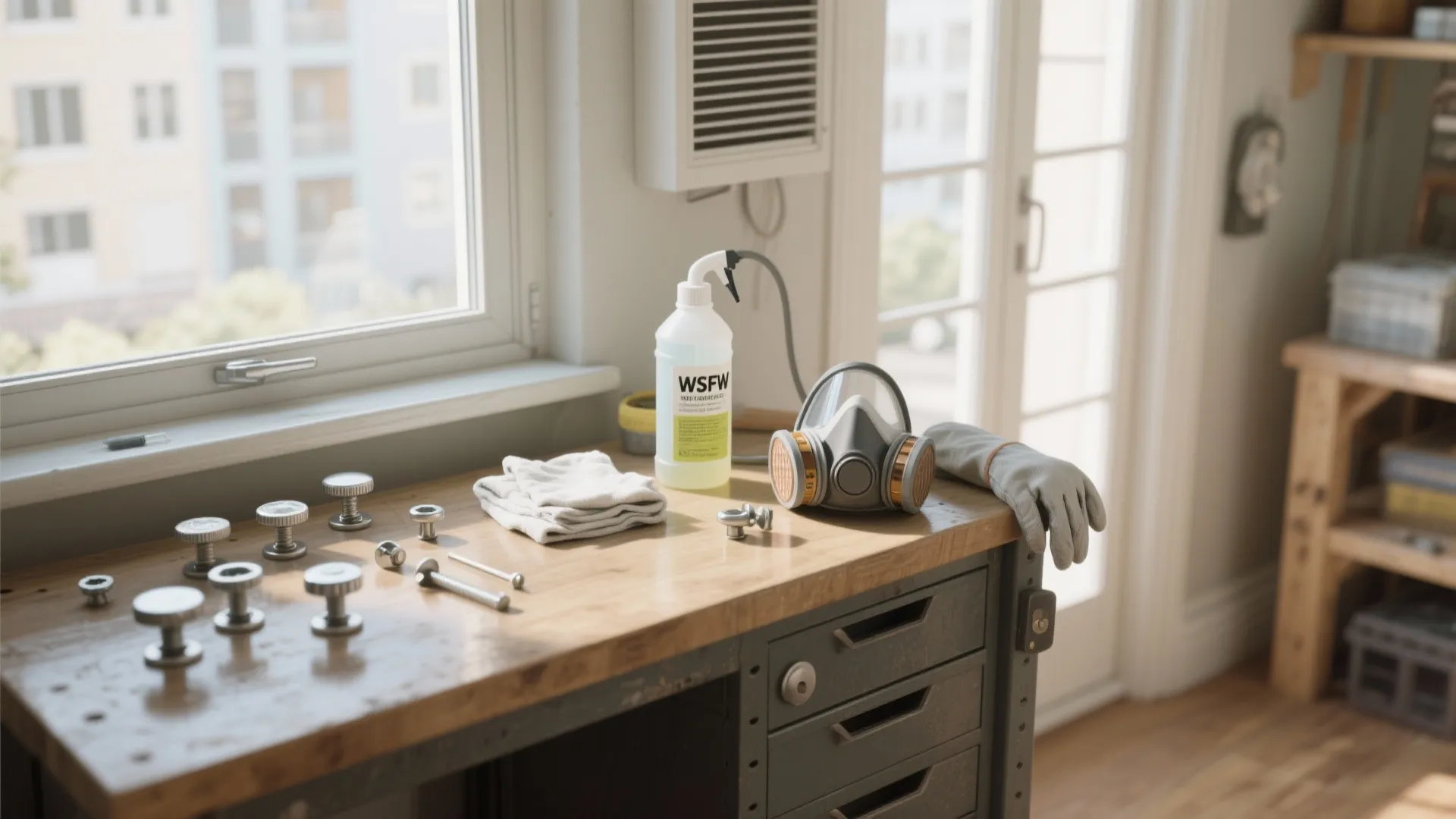 Wooden workbench holding metal parts white bottle breathing mask gloves and white cloth near window