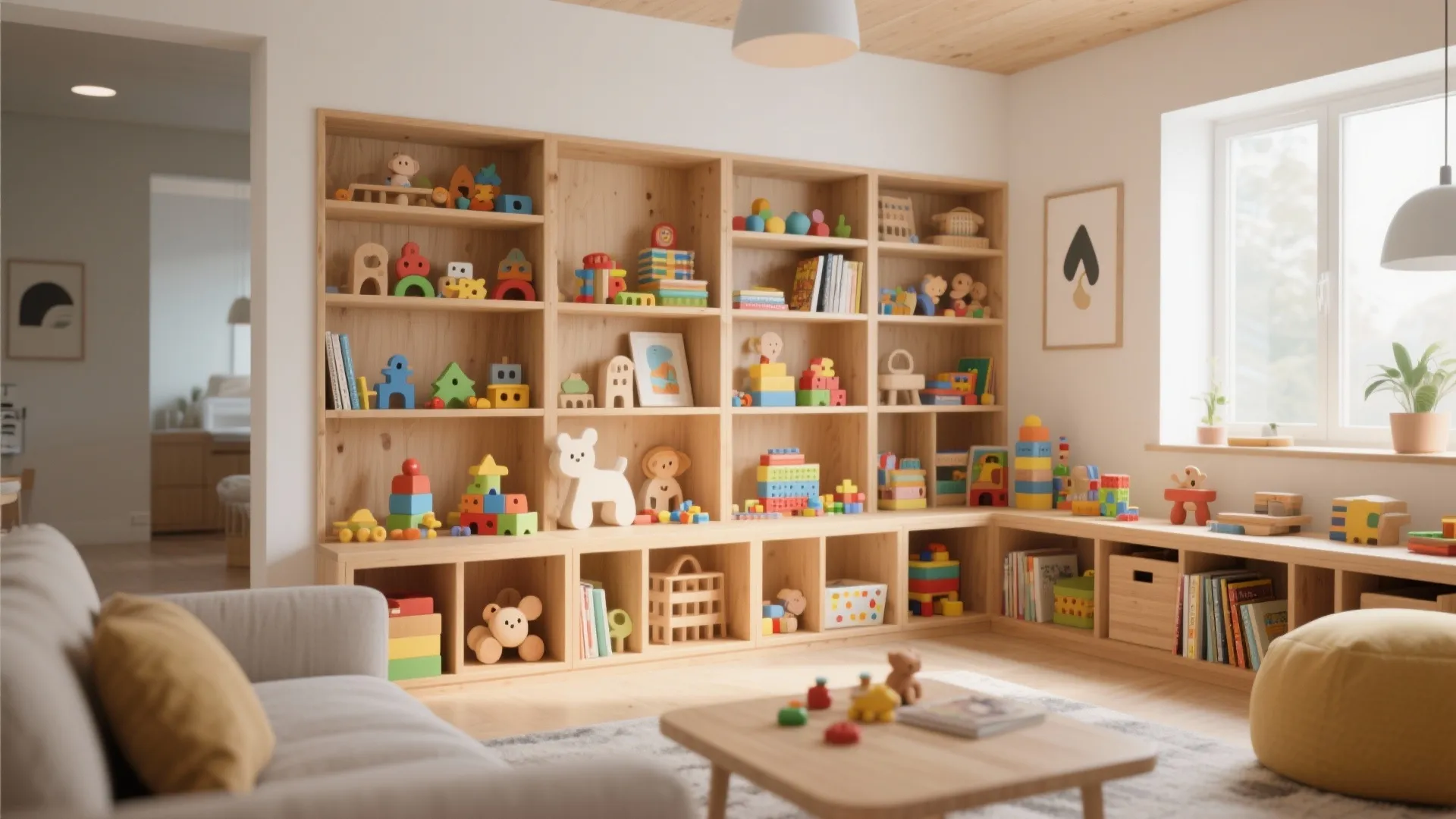 Low open shelving filled with books and toys for children