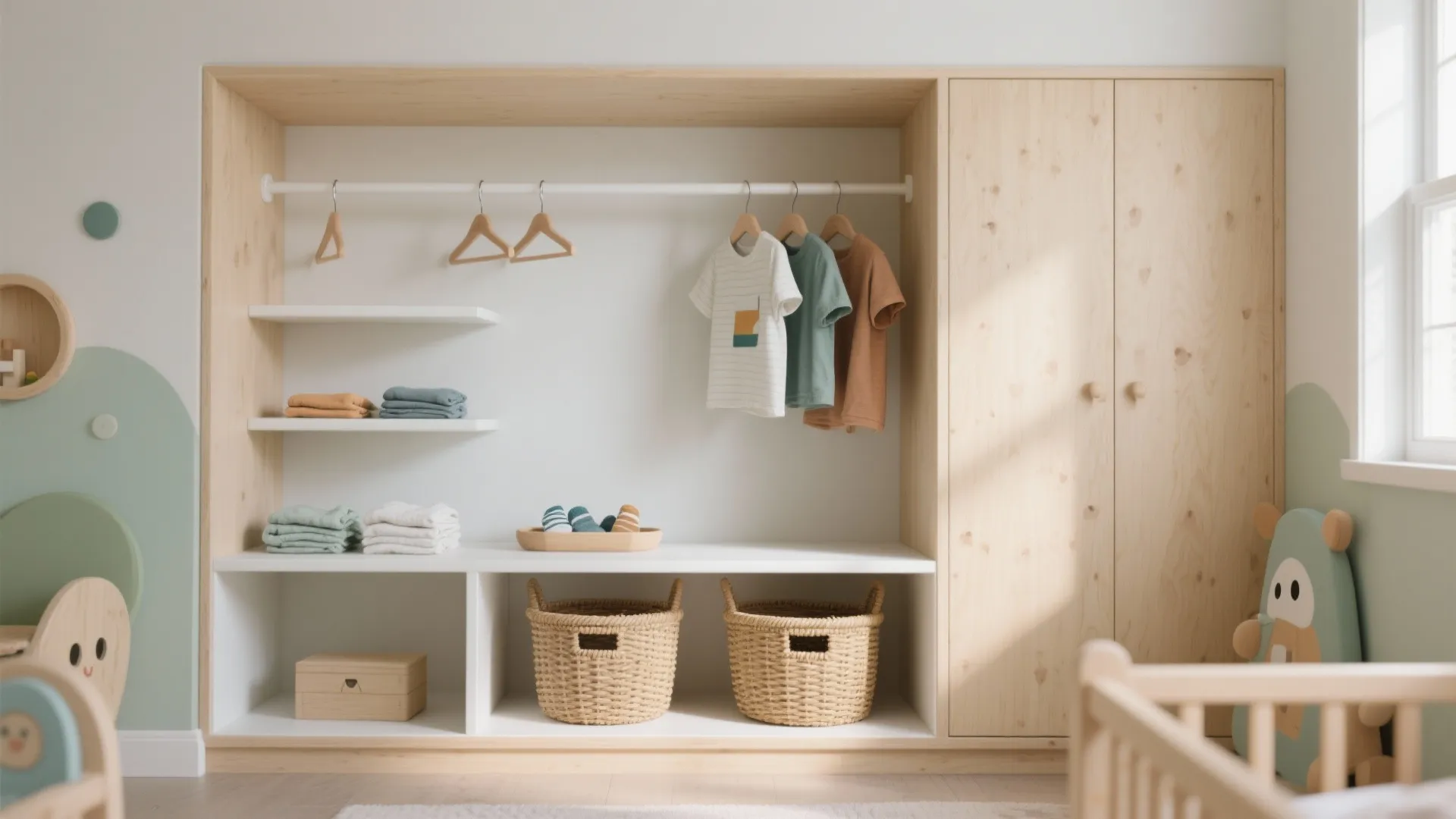 Wooden wardrobe for kids with hanging shirts folded towels woven baskets and light green wall