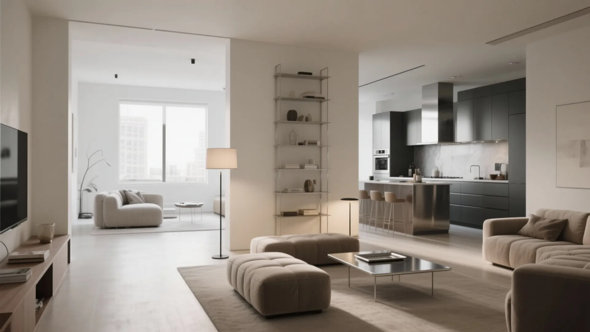 Spacious open plan living room with grey footrest modern kitchen dark cabinets and floor lamp