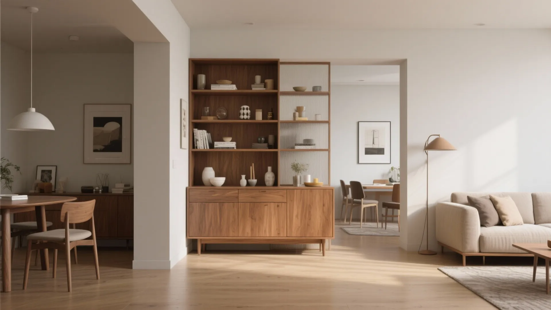 Interior design drawing showing wooden cabinet used as room divider between living and dining areas
