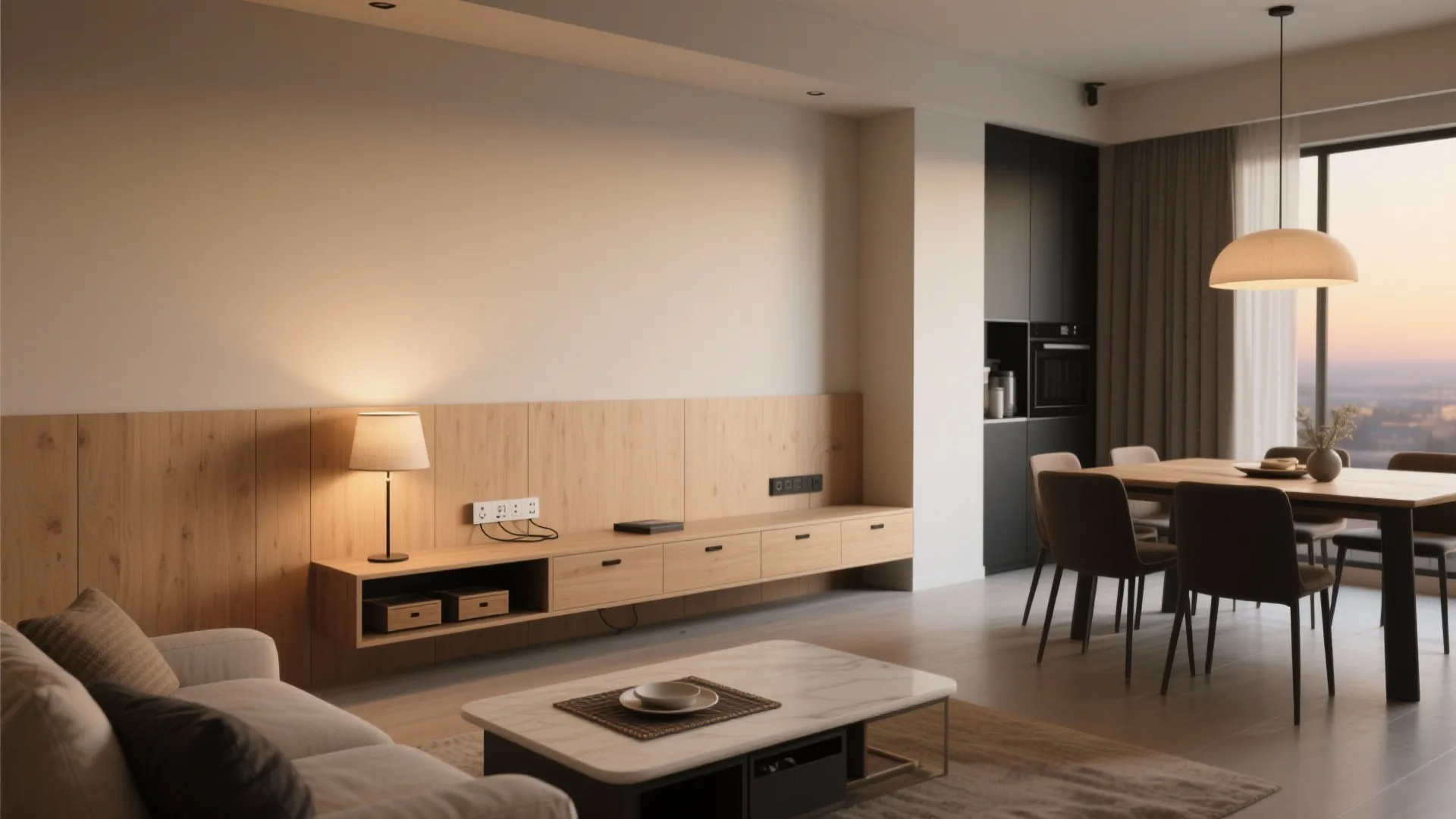 Living room with grey sofa marble coffee table long wooden cabinet and wooden wall panel