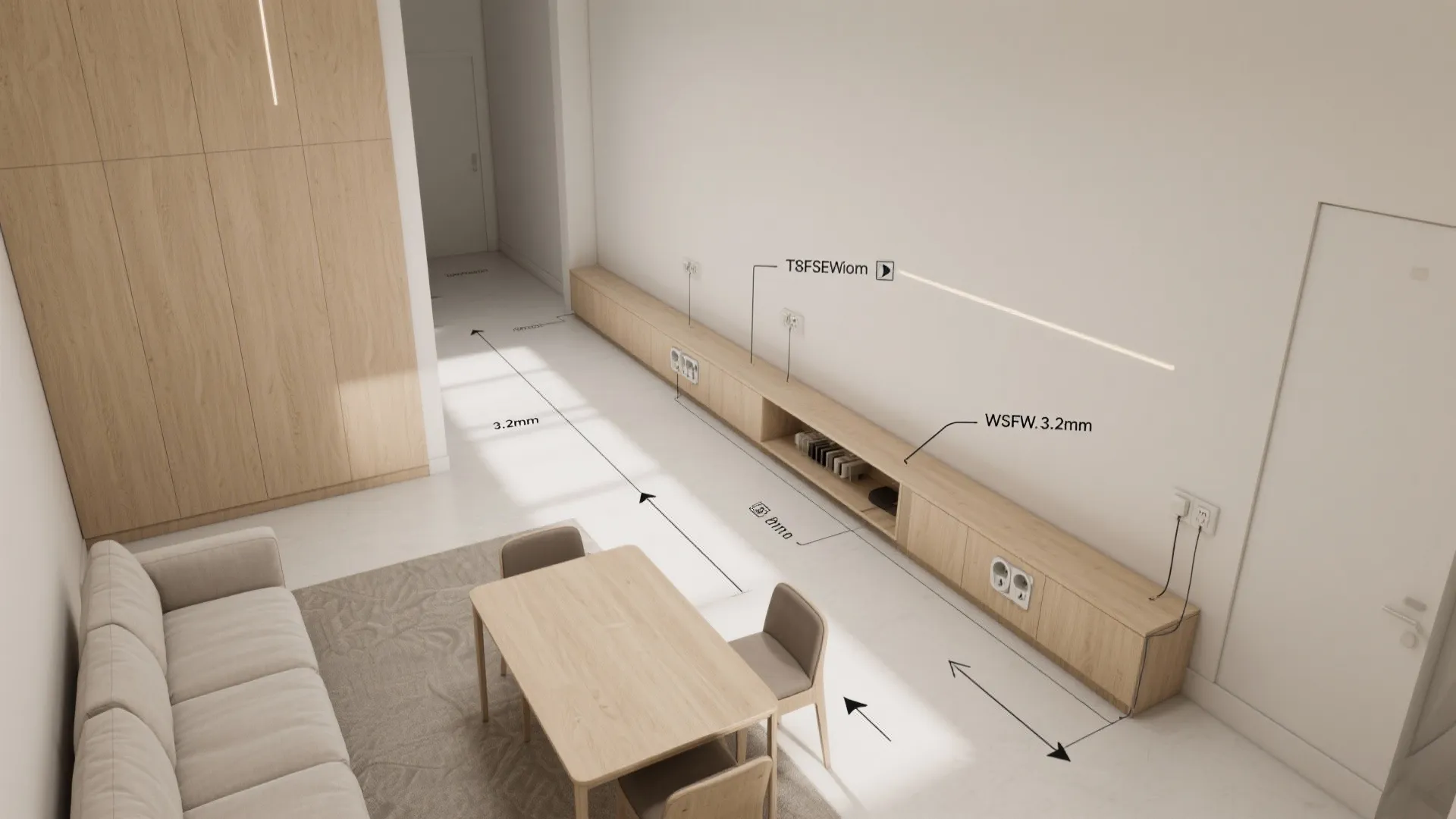 Modern interior design drawing showing a long wooden cabinet with measurement labels and dining table