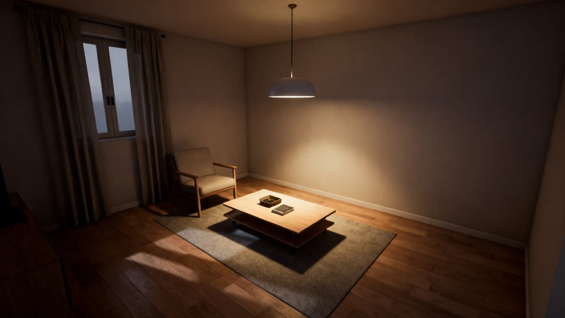 Low-hung pendant lamp over a coffee table creating intimate layered lighting in a small living room