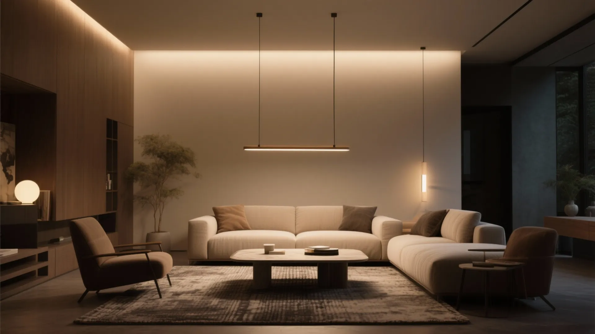 Minimalist living room with beige sofa wooden cabinet long hanging light and grey area rug