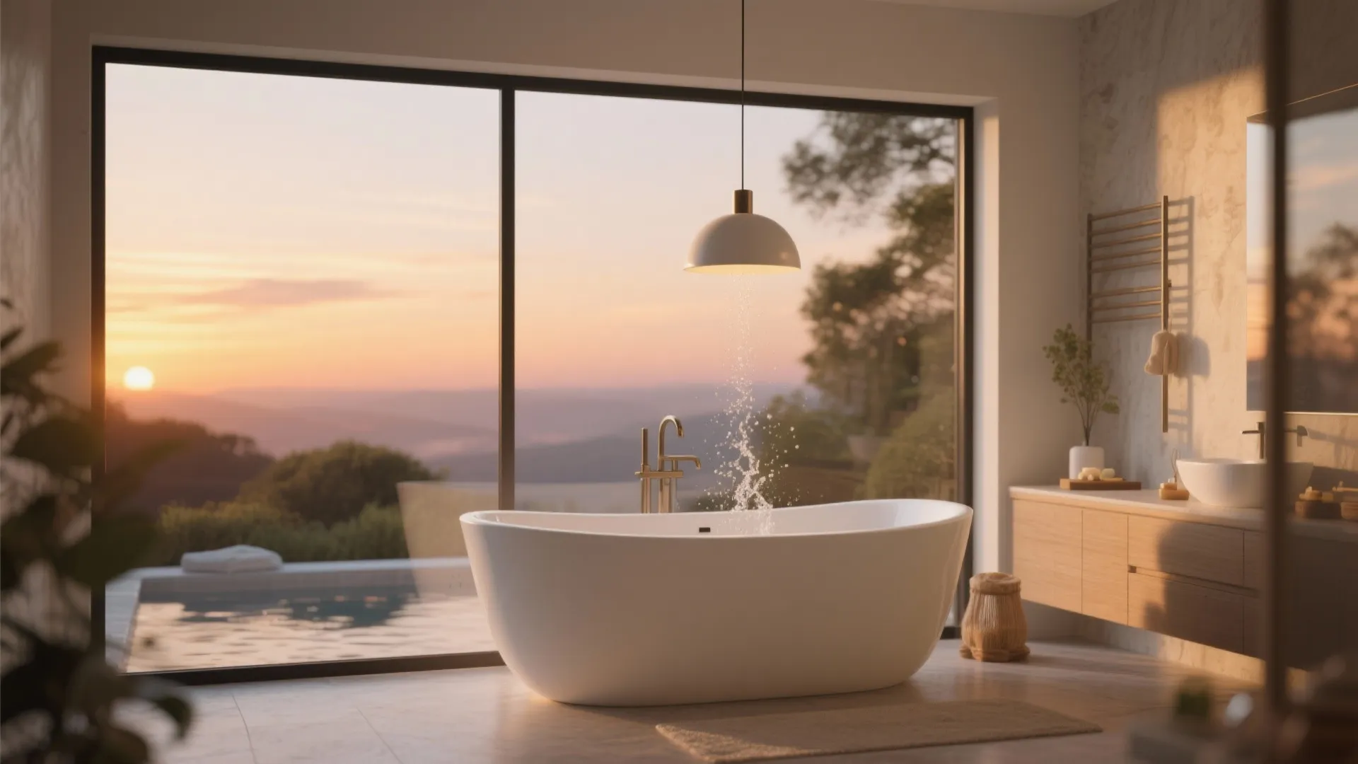 4. Low-Hanging Pendant Over a Freestanding Tub