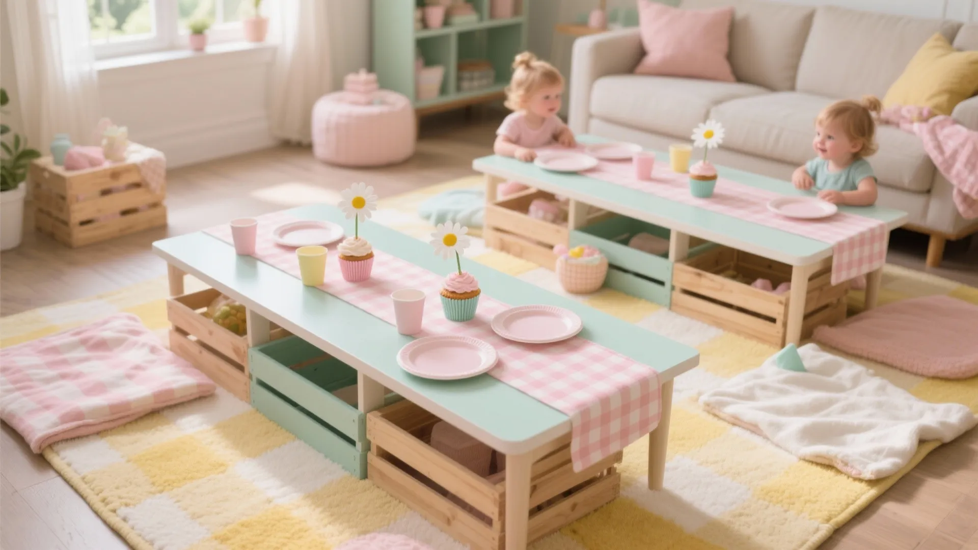 Low Picnic Tables + Gingham and Daisies
