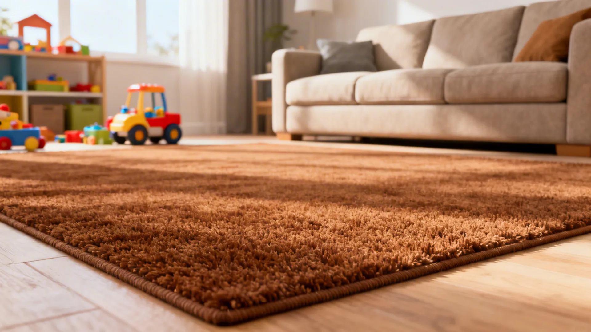 Family room with a durable low-pile brown rug and casual seating.