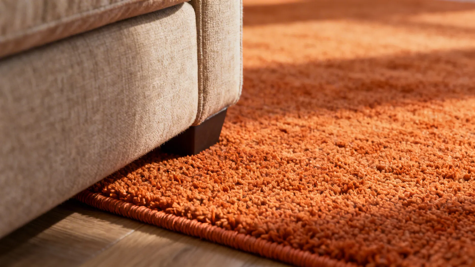 Macro view of a low-pile burnt orange rug showing short fibers and durable weave for pet-friendly use.
