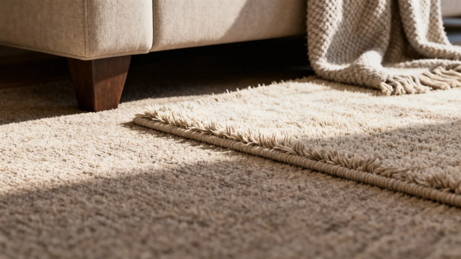 Macro view of a low-pile neutral rug next to a sofa leg and textured throw
