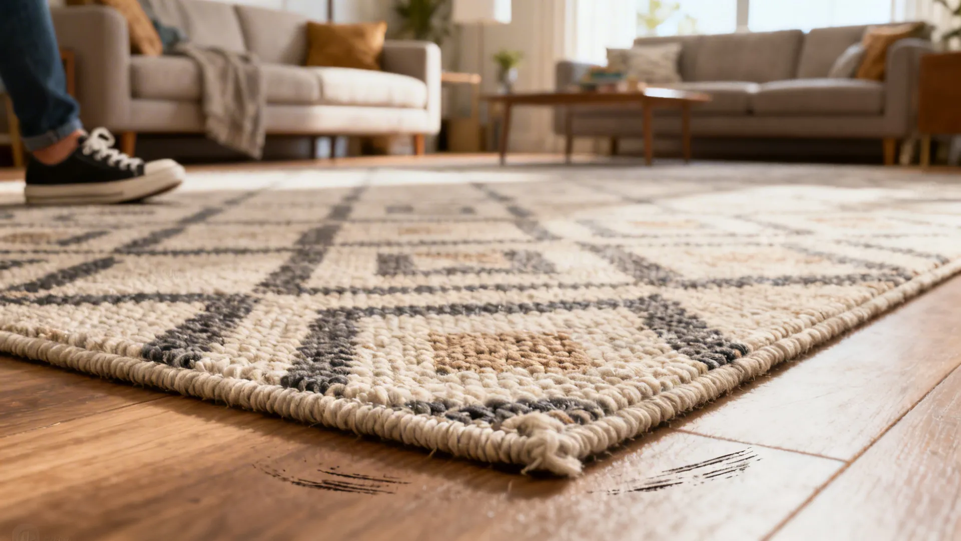 Macro close-up of a durable low-pile mid-century rug with tight weave and crisp pattern.