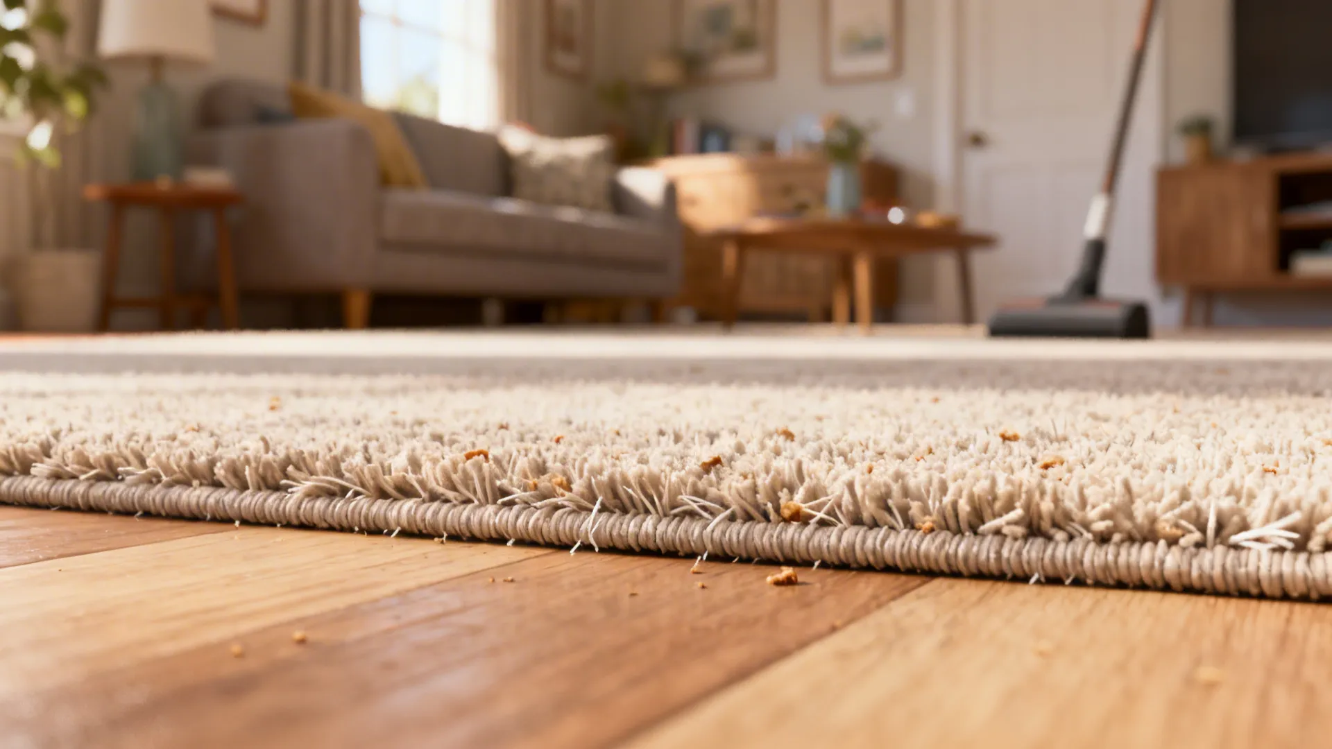 Macro view of a low-pile high-density plush rug showing short fibers and durable texture