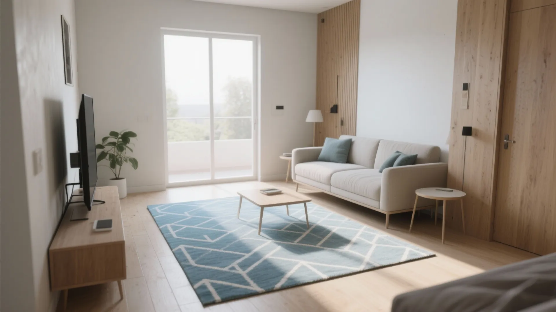 2. Low-pile geometric rug to anchor a compact layout