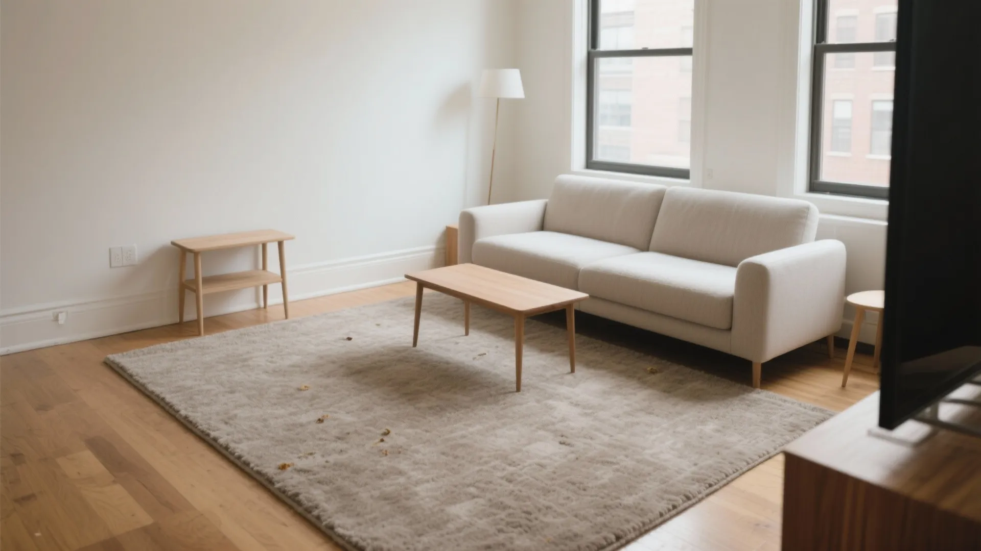 Low-pile warm greige carpet visually expands a compact studio living room with soft daylight.