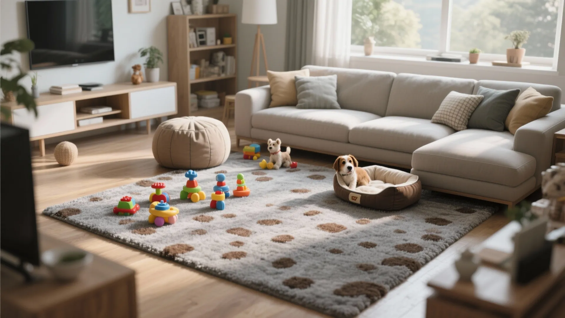 Family living room with a low-pile grey rug with brown flecks, durable and pet-friendly.