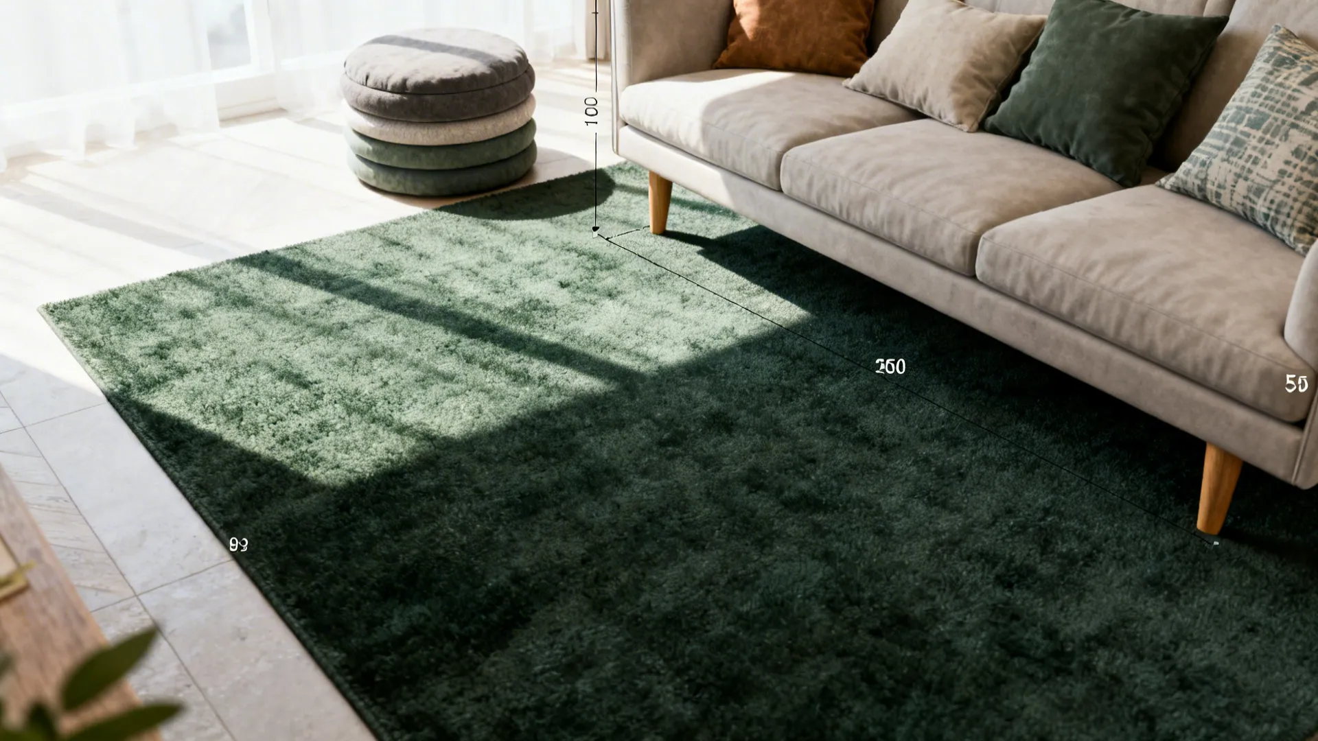 Top-down layout of a small living room with a low-pile dark green rug and measured placement.