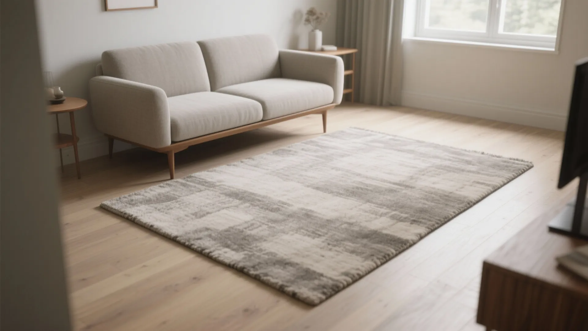Modern living room featuring a grey textured rug on wood floor with a beige sofa