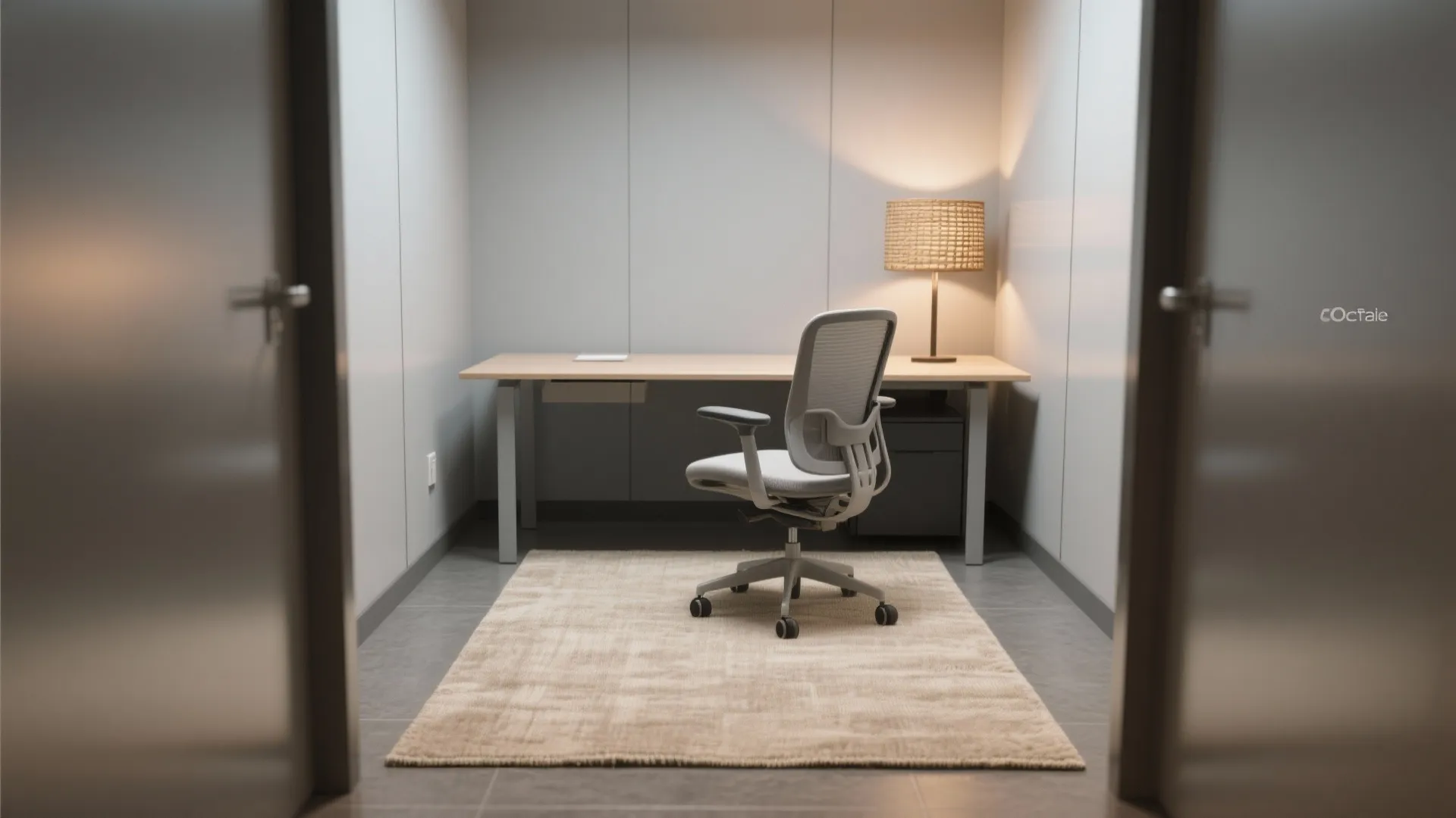 Compact office with beige low-pile rug ideal for wheeled chair
