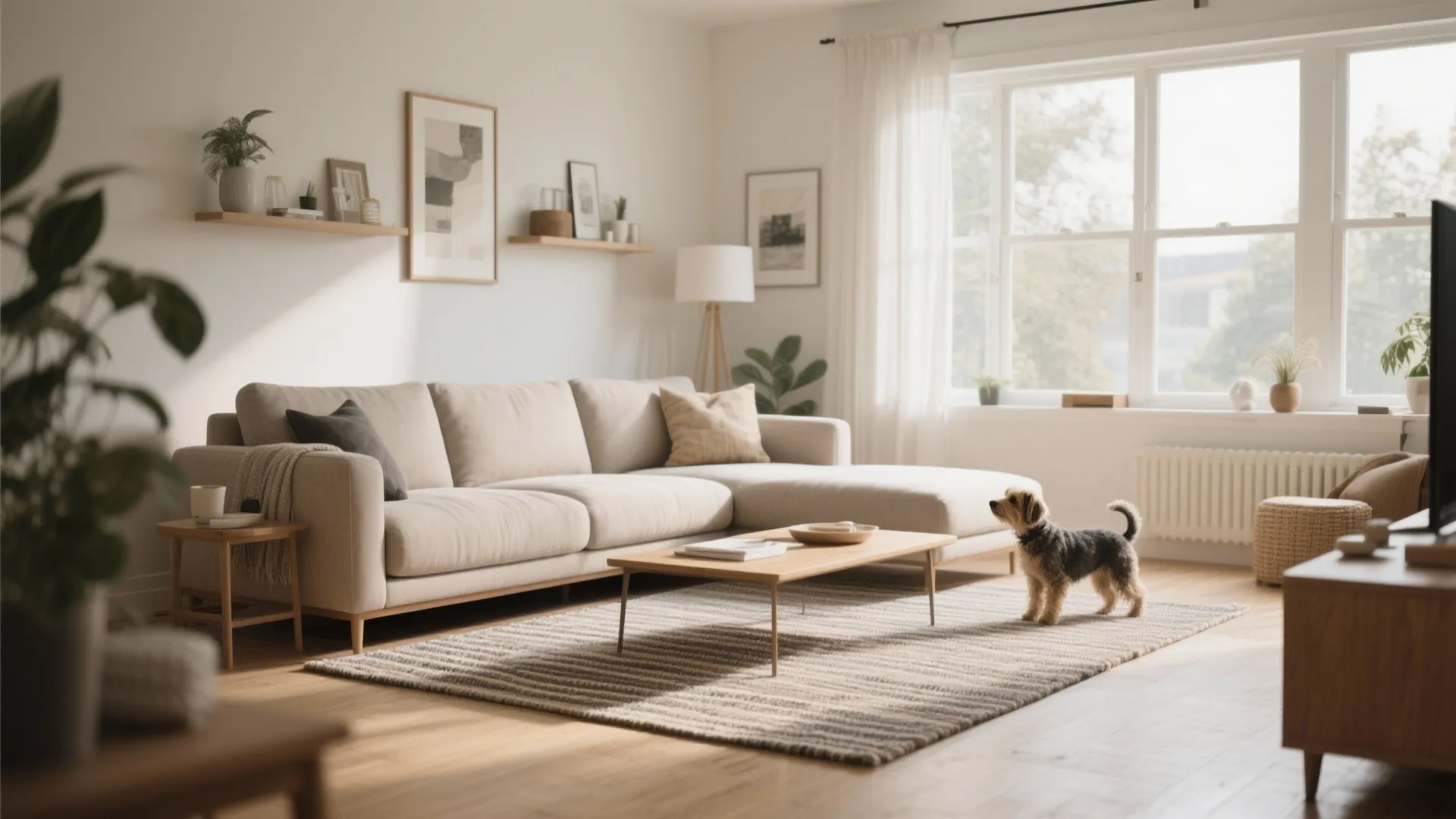 Modern living room with beige sofa striped rug wooden coffee table and small dog standing
