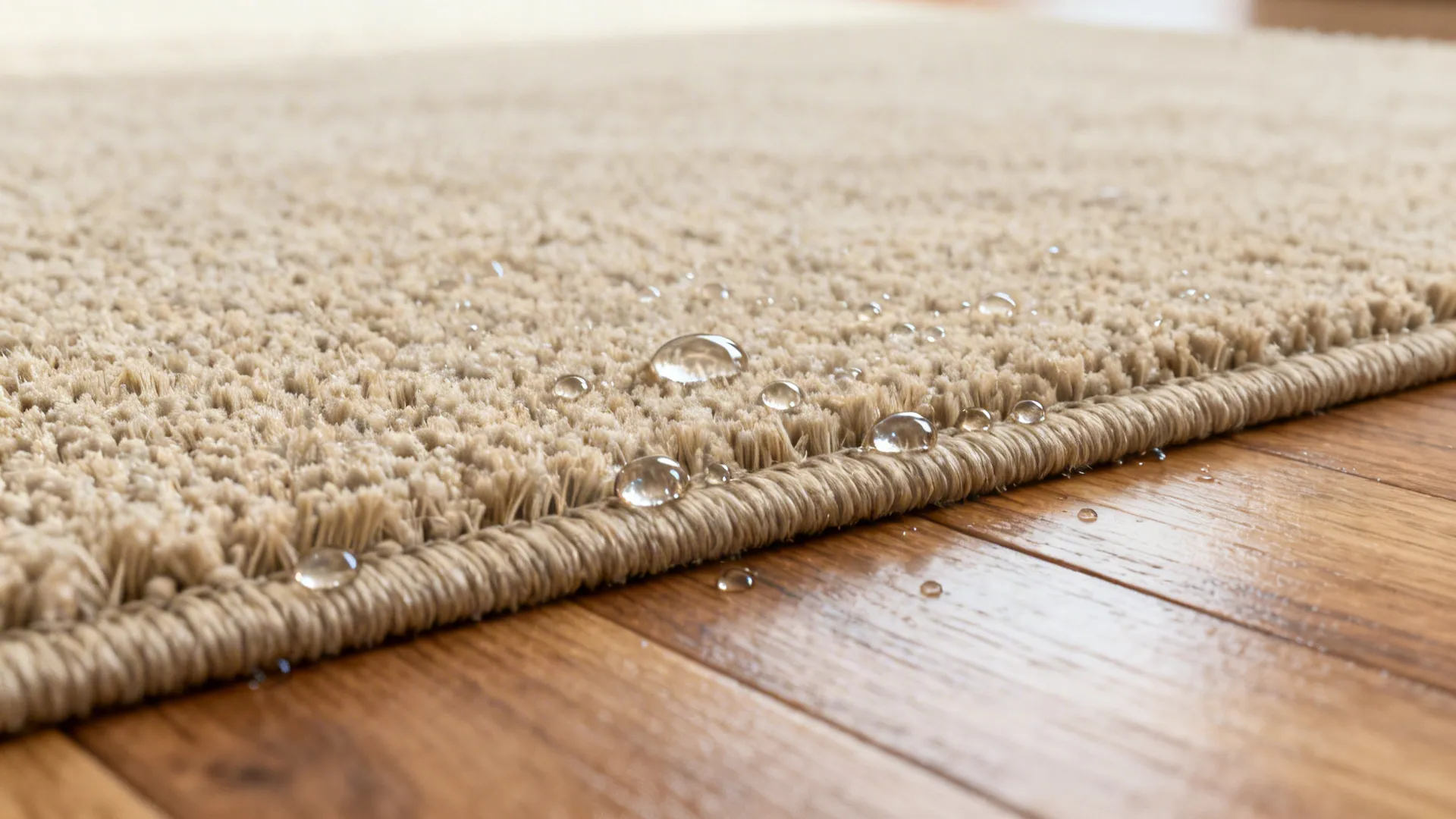 Close-up of low-pile synthetic rug fibers with water beading, illustrating stain resistance.